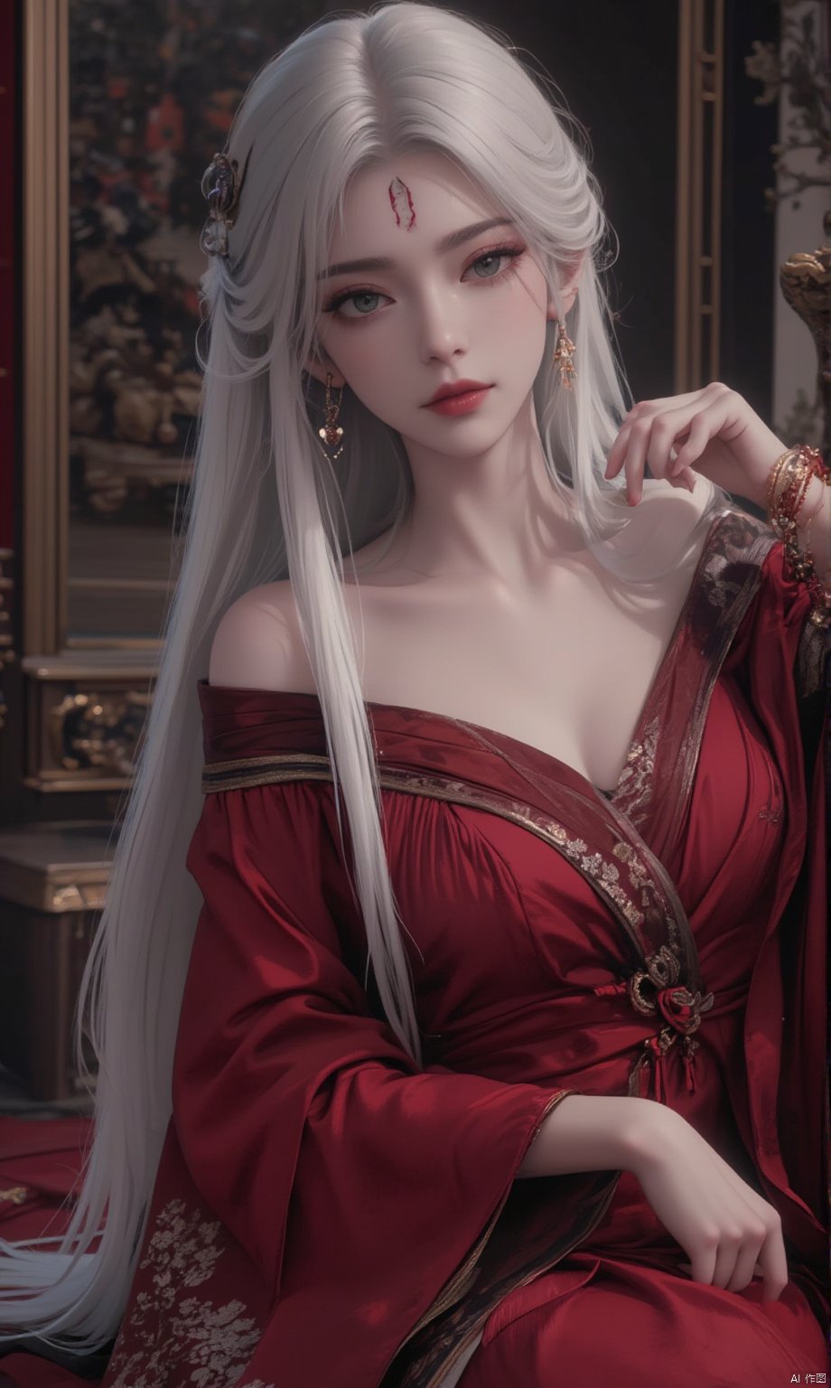  8K image. ((poakl)),white hair,Flux小白-起风,1girl, solo, long hair, breasts, looking at viewer, large breasts, dress, jewelry, sitting, very long hair, white hair, earrings, off shoulder, bracelet, facial mark, red dress, ring, forehead mark,GF