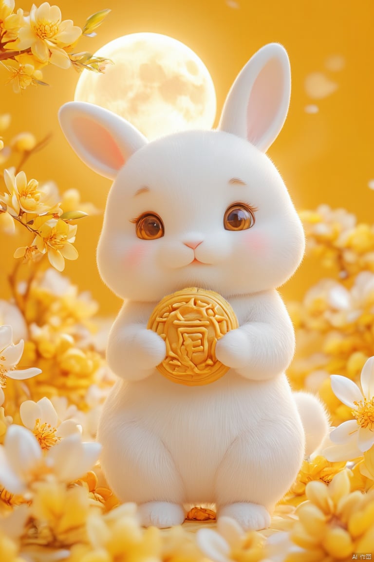 A whimsical 3D illustration of a cute white rabbit holding a mooncake amidst a bouquet of bright yellow osmanthus flowers. The rabbit's soft fur glistens under the gentle glow of a full moon rising high in the sky, its warm light illuminating the fluffy texture and casting a subtle sheen on the surrounding petals. The overall atmosphere is vibrant, lively, and sweet, with bold colors and textures that pop against the serene yellow background.,zq-hd