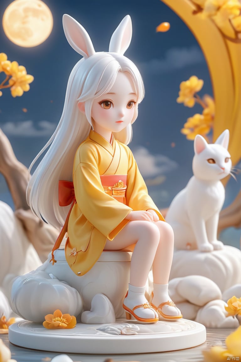 A serene and whimsical scene unfolds as a porcelain figurine of an Asian girl, donning a bright yellow kimono adorned with a vibrant red bow, sits elegantly on a white porcelain potty. Her piercing blue eyes sparkle beneath two delicate white bunny ears, while her long white hair is styled in a ponytail, adding a pop of color to the composition. The background softly blurs, featuring a backdrop of sunny yellow flowers and a glowing full moon. To the right, a white cat sits regally on a pile of rocks, adding a touch of tranquility to the enchanting scene.