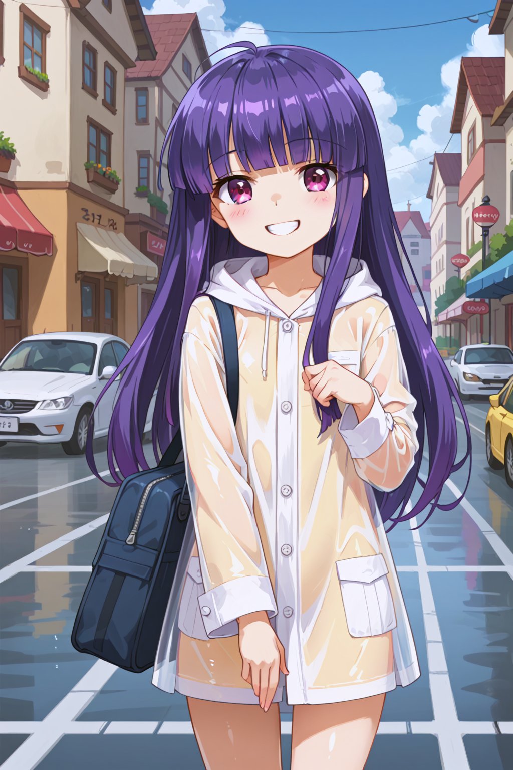 score_9, score_8_up, score_7_up, score_6_up, score_5_up, score_4_up, perfect anatomy,
1girl, furuderika_pony, purple hair, flat_chest, shiny skin
,
blush, smile, :), 
raincoat, outdoor, (rain day:1.3), street background
,//LoRA
anime_screencap, beautiful_female_fingers, (correct number of fingers), 5_fingers, (perfect hands), perfect anatomy, furuderika_pony