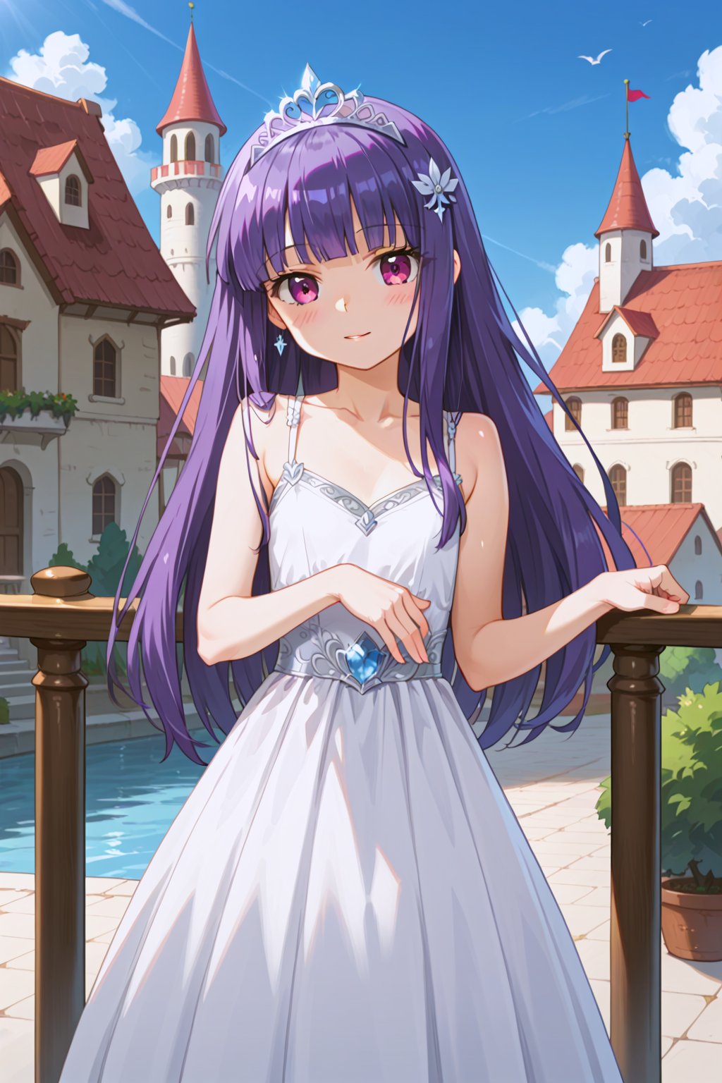 score_9, score_8_up, score_7_up, score_6_up, score_5_up, score_4_up, perfect anatomy,
1girl, furuderika_pony, purple hair, flat_chest, shiny skin
,
1girl, blush expression, looking at viewer, silver tiara, white traditional dress, castle balcony background, spin, datch angle, dynamic angle
,//LoRA
anime_screencap, beautiful_female_fingers, (correct number of fingers), 5_fingers, (perfect hands), perfect anatomy, furuderika_pony