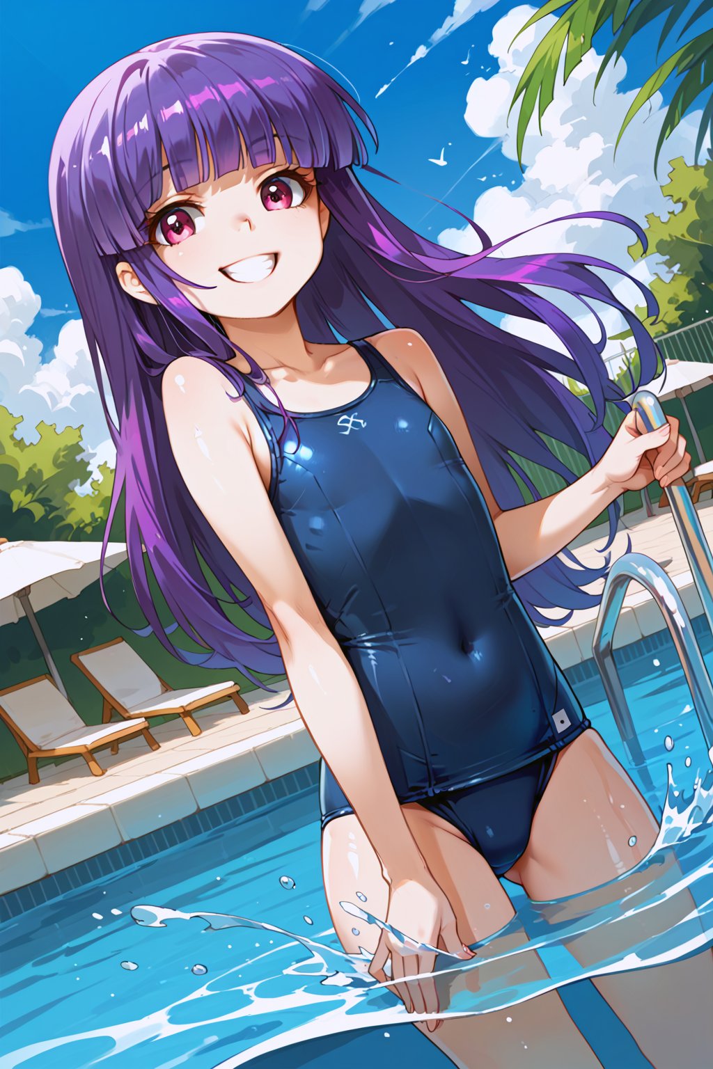 score_9, score_8_up, score_7_up, score_6_up, score_5_up, score_4_up,
1girl,  furuderika_pony, purple hair, flat_chest, shiny skin,
,
pool, school_swimsuit, submerged, dutch angle, smile, splash