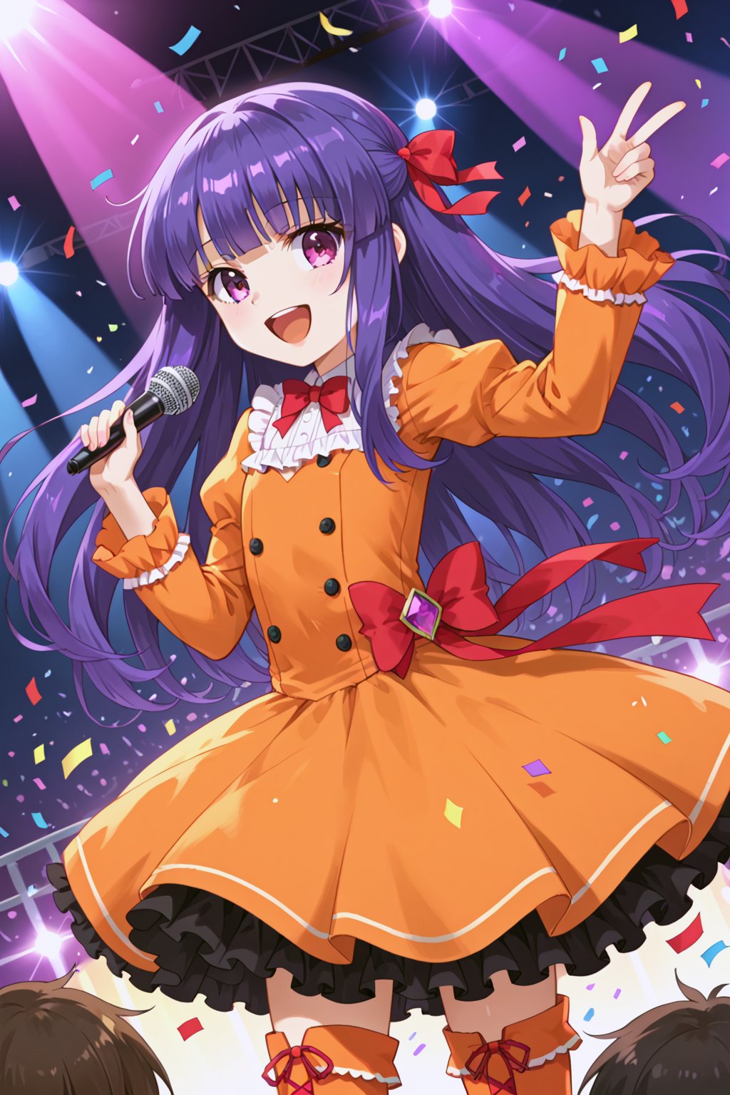 score_9, score_8_up, score_7_up, score_6_up, score_5_up, score_4_up,
1girl,  furuderika_pony, purple hair, flat_chest, shiny skin
,
1girl, solo, frilled dress, orange dress, long sleeves, frilled sleeves, ribbon, frilled skirt, layered skirt, thigh boots, singing, dutch angle, idol, smile, open mouth, confetti, light particles, light rays, stage, stage lights, spotlight
,//LoRA
anime_screencap, beautiful_female_fingers, (correct number of fingers), 5_fingers, (perfect hands), perfect anatomy, furuderika_pony