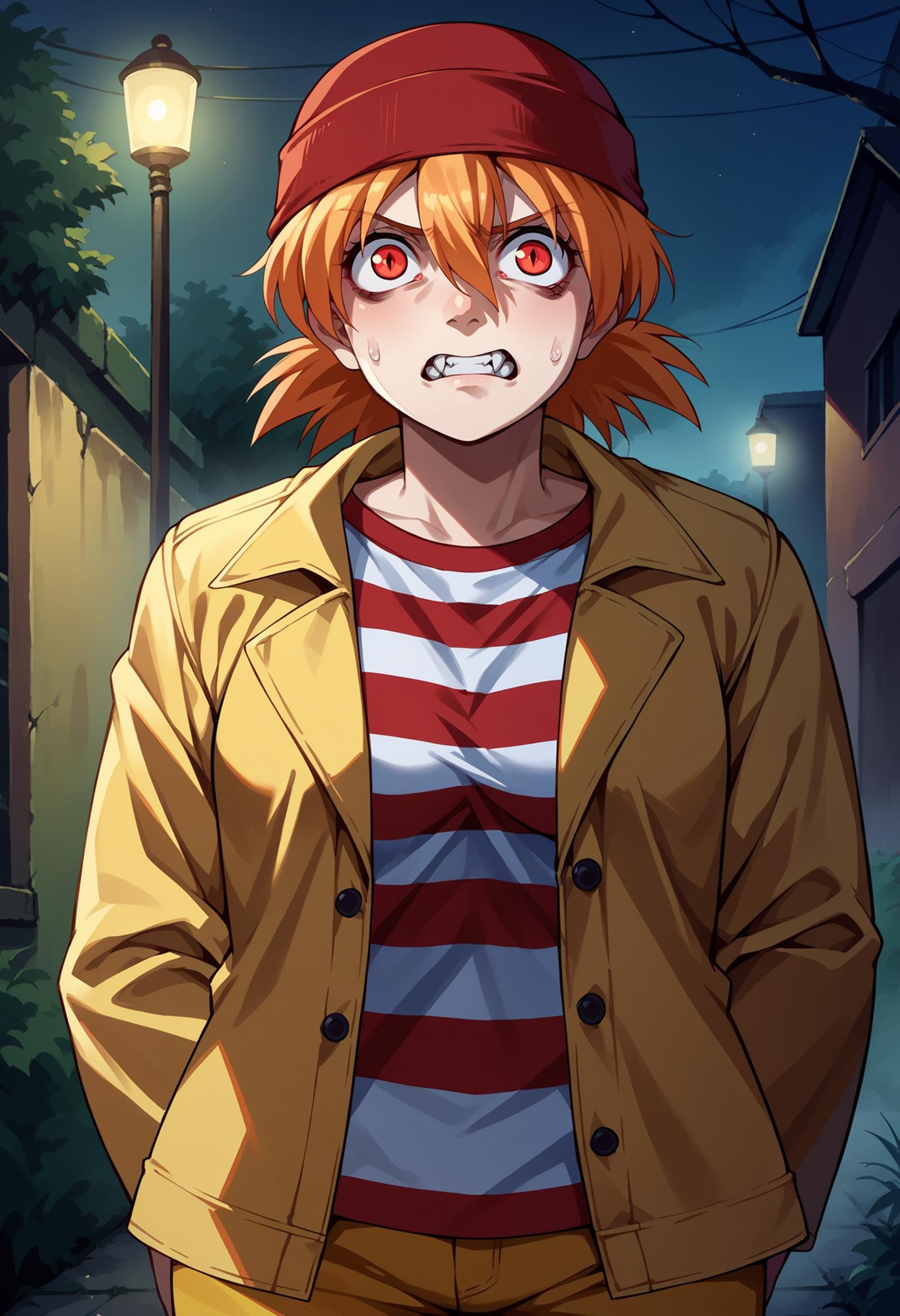 score_9, score_8_up,score_7_up, source_anime, 1girl, solo, <lora:EPhsSeras:1>,orange hair, short hair, red eyes, hair between eyes,SerVic,striped shirt, open jacket, beanie, red headwear, striped clothes, yellow pants, open clothes, long sleeves,clenched teeth, female focus, night, outdoors, sweatdrop, worried, hiding, fang, vampire, darkness, fog, horror \(theme\), 