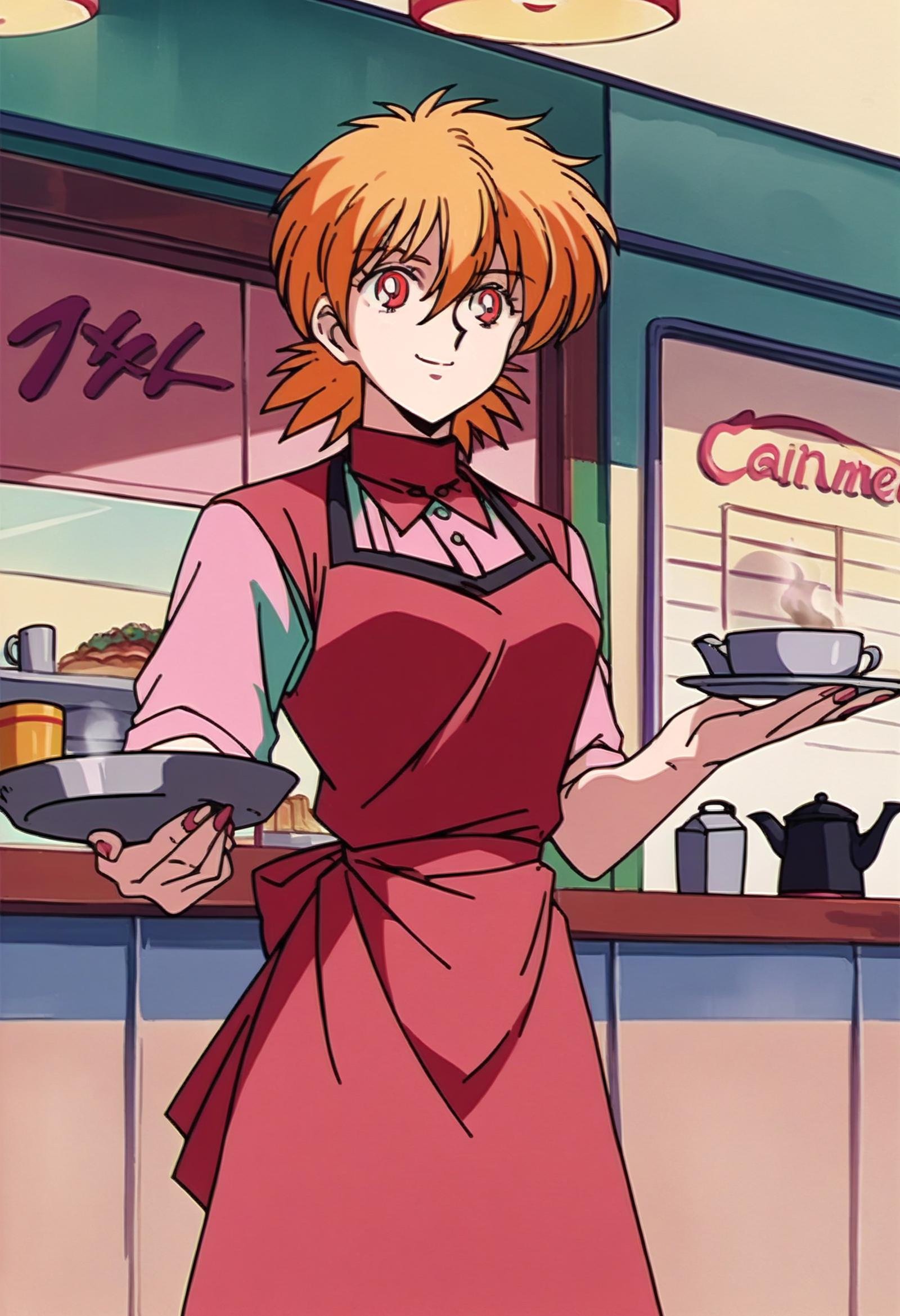 score_9, score_8_up,score_7_up, source_anime, 1girl, solo, <lora:EPhsSeras:1>,orange hair, short hair, red eyes, hair between eyes,SerVic,indoors, diner, holding, coffee pot, waitress, tray, serving, standing, smile