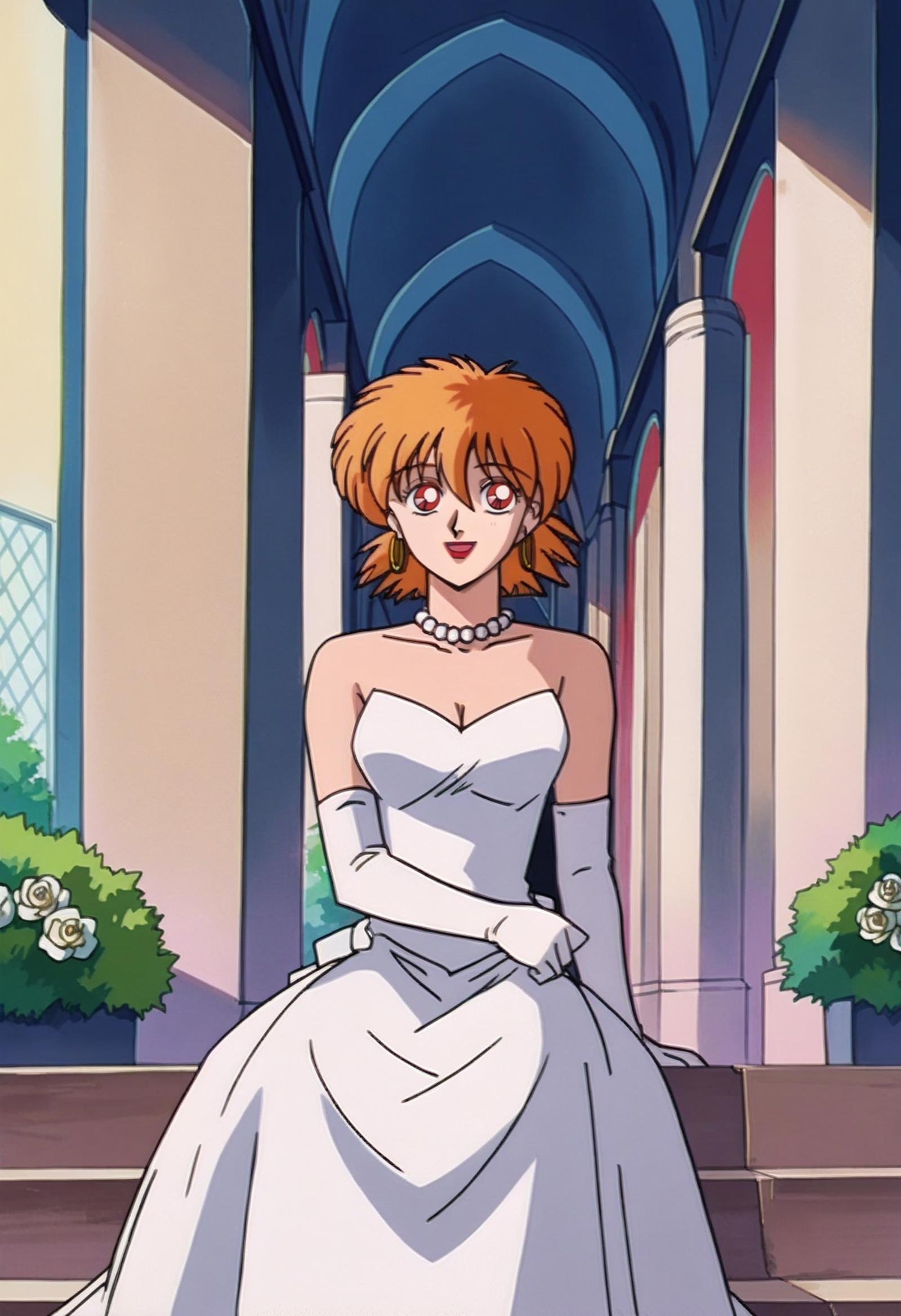 score_9, score_8_up,score_7_up, source_anime, 1girl, solo, <lora:EPhsSeras:1>,orange hair, short hair, red eyes, hair between eyes,SerVic, hoop earrings, red lips,  bride, wedding dress, bridal veil, white dress, hair ornament, white flower, pearl necklace, indoors, church, pillar, bush, sitting, arm support, elbow gloves, white gloves, long dress, jewelry, arch, smile, open mouth, anime screencap, anime coloring, 1990s \(style\), 