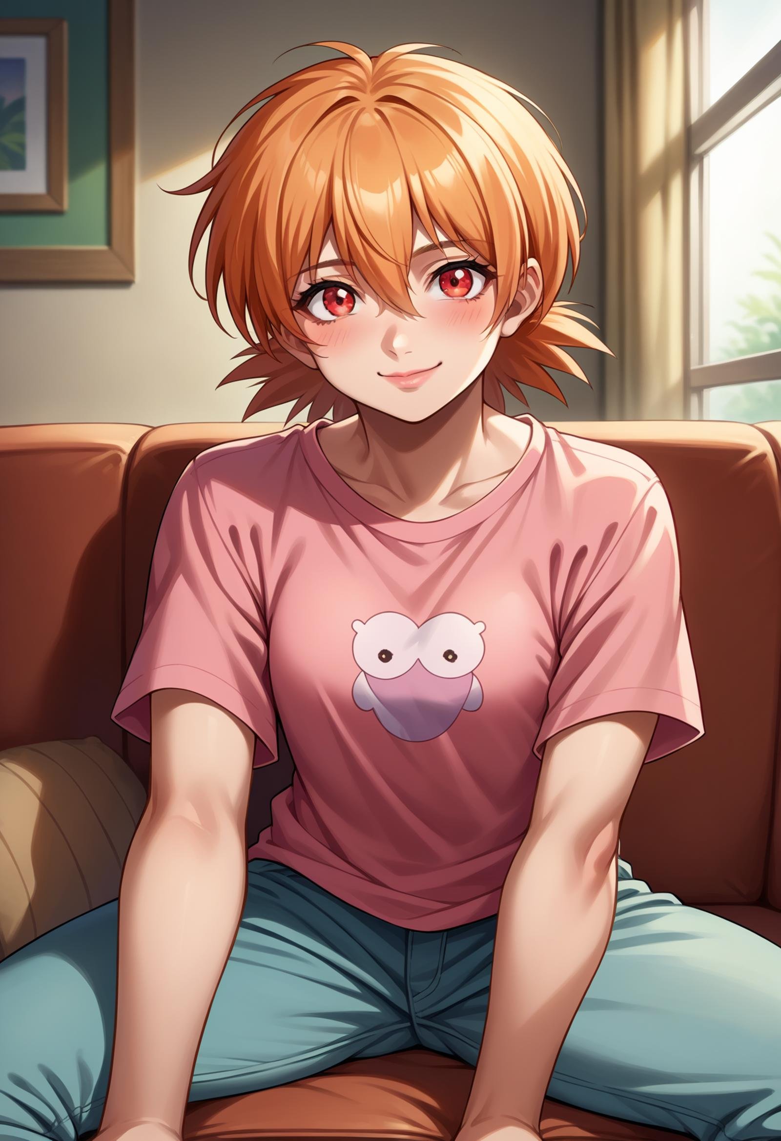 score_9, score_8_up,score_7_up, source_anime, rating_safe, 1girl, solo, <lora:EPhsSeras:1>,orange hair, short hair, red eyes, hair between eyes,SerVic, pink lips, pink t-shirt, baggy pants, outstretched arms, blush smiling, sitting on couch, in living room, looking at viewer, pov, incoming hug,