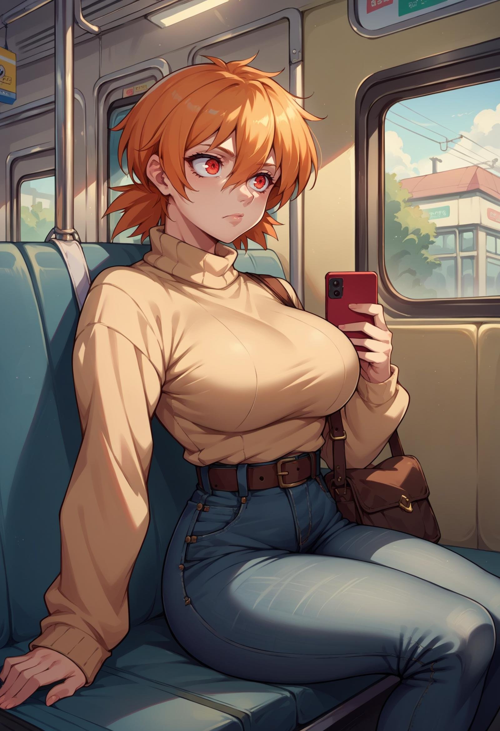 score_9, score_8_up,score_7_up, source_anime, 1girl, solo, <lora:EPhsSeras:1>,orange hair, short hair, red eyes, hair between eyes,SerVic, large breasts, sweater,tight clothing,sitting,subway,looking at phone,high-waist jeans,bag,belt,