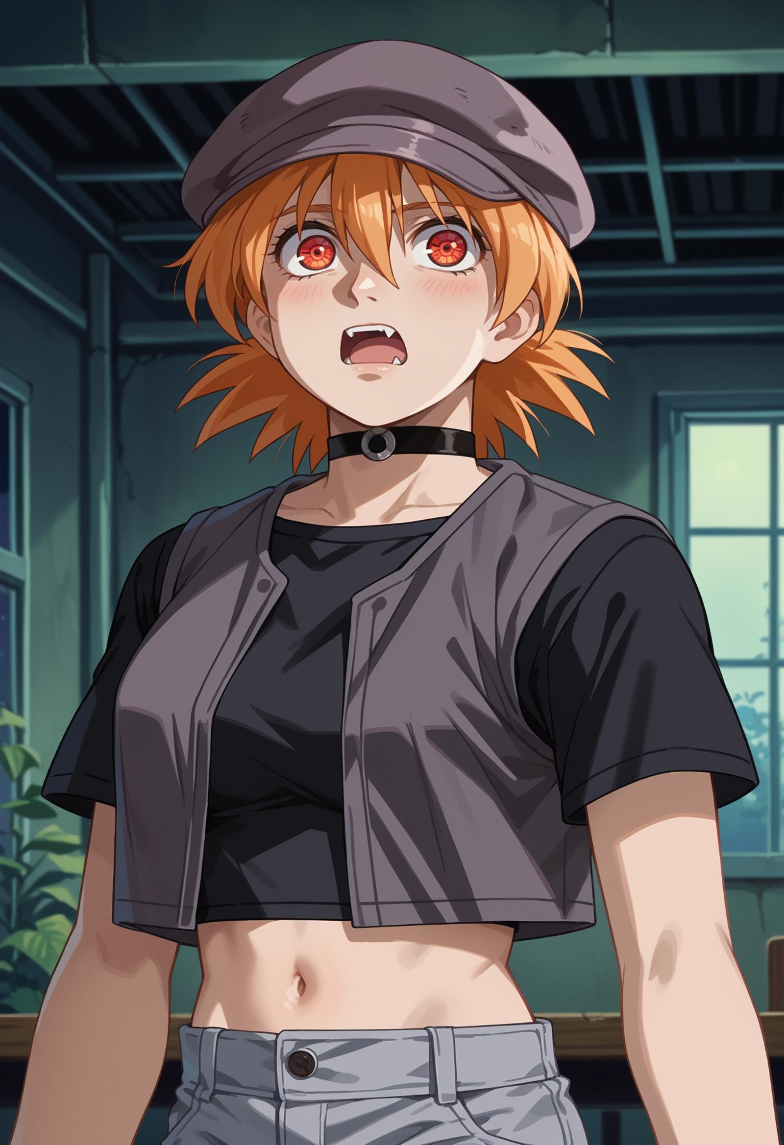 score_9, score_8_up,score_7_up, source_anime, 1girl, solo, <lora:EPhsSeras:1>,orange hair, short hair, red eyes, hair between eyes,SerVic, cabbie hat, midriff, crop top, black choker, navel, cropped vest, black shirt, open clothes, short sleeves, cropped shirt, grey pants,  grey vest, indoors, night, darkness,open mouth,upper body,surprised, fang, 