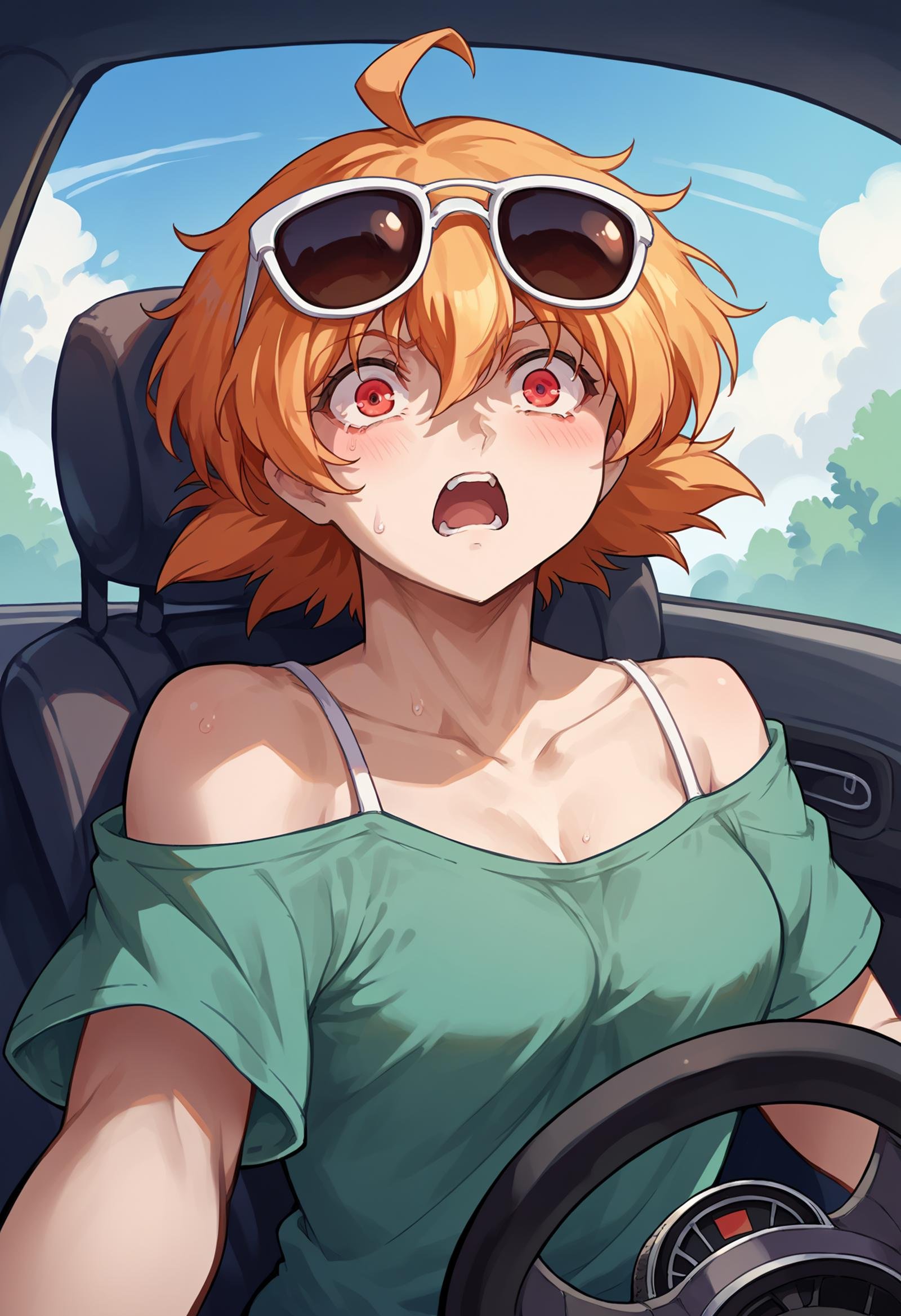 score_9, score_8_up,score_7_up, source_anime, rating_safe, 1girl, solo, <lora:EPhsSeras:1>,orange hair, short hair, red eyes, hair between eyes,SerVic, eyewear on head, sunglasses,  !, !!, ahoge, blush, green shirt, driving, looking at viewer, motion blur, open mouth, shirt, short sleeves, spaghetti strap, steering, steering wheel, surprised, sweat, upper body, screaming, panicking, wide-eyed