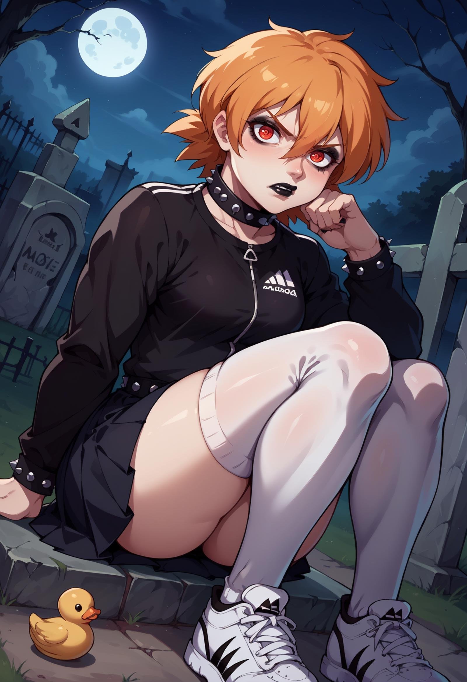 score_9, score_8_up,score_7_up, source_anime, 1girl, solo, <lora:EPhsSeras:1>,orange hair, short hair, red eyes, hair between eyes,SerVic, tsundere, :T, flustered, night, tombstone, graveyard, moon, moonlight, spooky, makeup, eyeliner, black lipstick, gothic, sound effects, looking at viewer, kneehighs, white legwear, sneakers, adidas, track suit, black jacket, miniskirt, black skirt, pleated skirt, studded belt, studded bracelet, studded collar, rubber duck, dutch angle