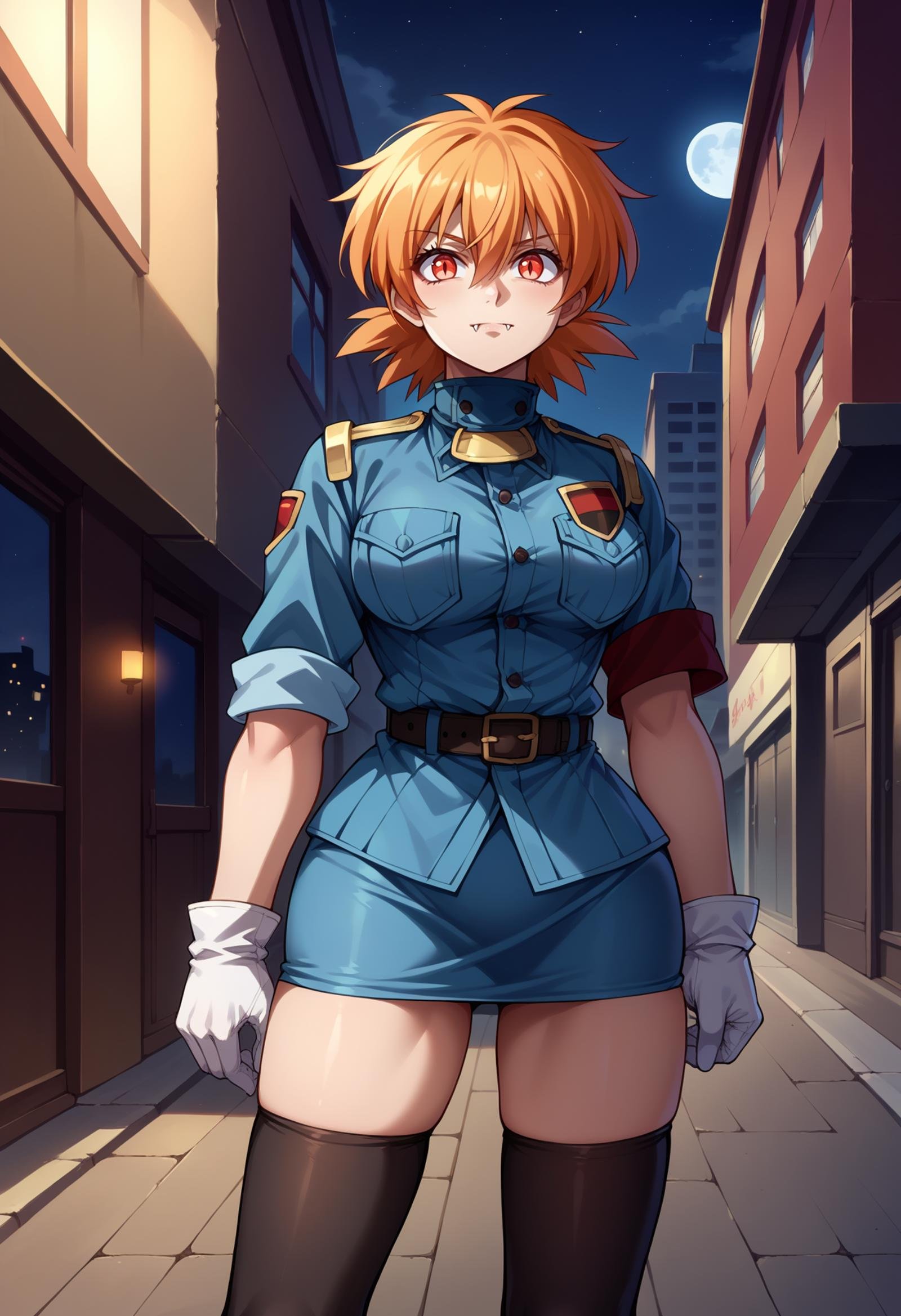 score_9, score_8_up,score_7_up, source_anime, 1girl, solo, <lora:EPhsSeras:1>,orange hair, short hair, red eyes, hair between eyes,OutfitMil, military uniform, black thighhighs, white gloves, miniskirt, pencil skirt, zettai ryouiki, armband, belt, sleeves rolled up, breast pocket, armband, blue shirt, blue skirt,vampire, fang, starry sky, cityscape, street, full moon, standing, 