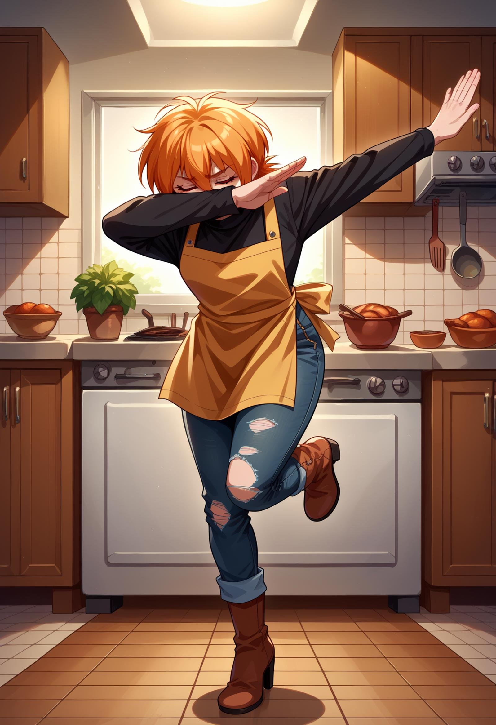 score_9, score_8_up,score_7_up, source_anime, 1girl, solo, <lora:EPhsSeras:1>,orange hair, short hair, red eyes, hair between eyes,SerVic, black sweater, turtleneck, jeans, torn jeans, high heel boots, apron, <lora:EPdab:1>, epdabbing, outstretched arm, covered face, closed eyes, standing on one leg,indoors, kitchen, 