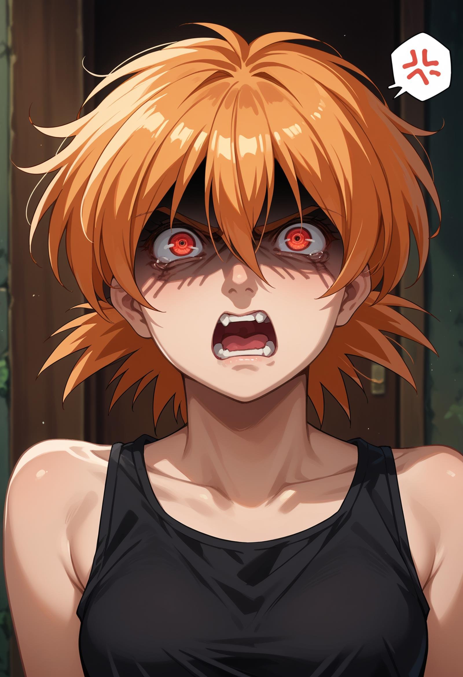 score_9, score_8_up,score_7_up, source_anime, 1girl, solo, <lora:EPhsSeras:1>,orange hair, short hair, red eyes, hair between eyes,SerVic, black tank top, portrait, shaded face, angry, screaming, anger vein, spoken anger vein, 