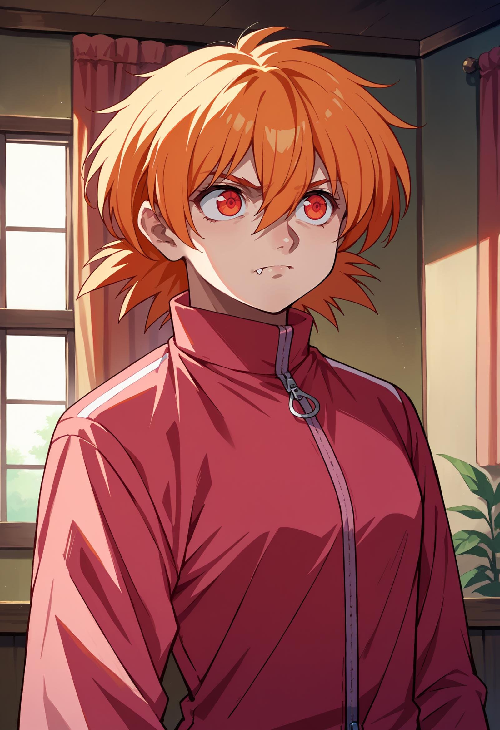 score_9, score_8_up,score_7_up, source_anime, 1girl, solo, <lora:EPhsSeras:1>,orange hair, short hair, red eyes, hair between eyes,SerVic, pink jacket, track jacket, zipper, long sleeves window, curtains,  indoors, closed mouth,upper body, fang, 