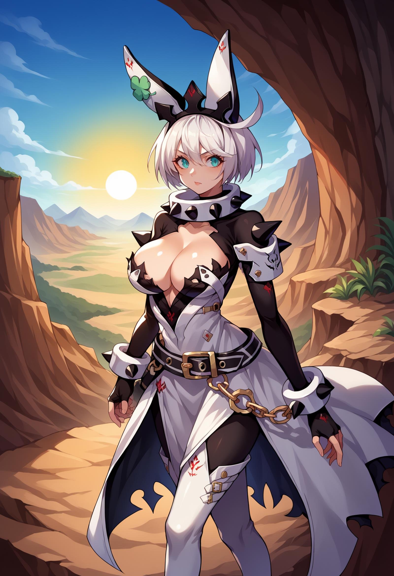 score_9, score_8_up,score_7_up, source_anime, rating_questionable, 1girl, solo, <lora:EPggElphelt:1>, EPggElpheltrelevator, white hair, short hair, hair between eyes, huge ahoge, aqua eyes, large breasts, spikes, white thigh boots, black collar, spiked collar, black bodysuit, white gown cleavage cutout, fingerless gloves, belt, spiked hairband, black bracelet, spiked bracelet, chain, cleavage, fake animal ears, four-leaf clover, canyon, cliff, desert, outdoors, sky, sun, sunbeam,