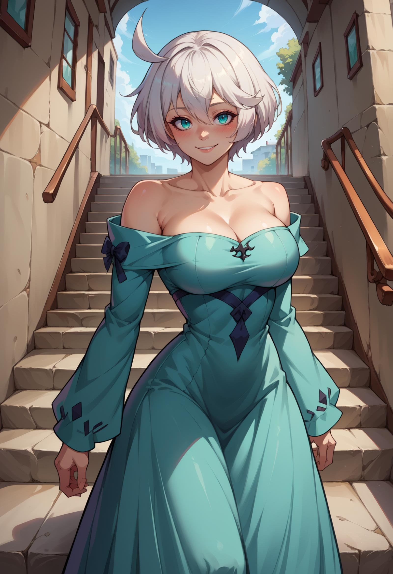 score_9, score_8_up,score_7_up, source_anime, 1girl, solo, <lora:EPggElphelt:0.75>, EPggElphelt, 1girl, aqua eyes, white hair, short hair, hair between eyes, ahoge, large breasts,  bare shoulders, collarbone, off-shoulder dress, long sleeves, long dress, aqua dress, cowboy shot, smile, seductive smile, blush, stairs,