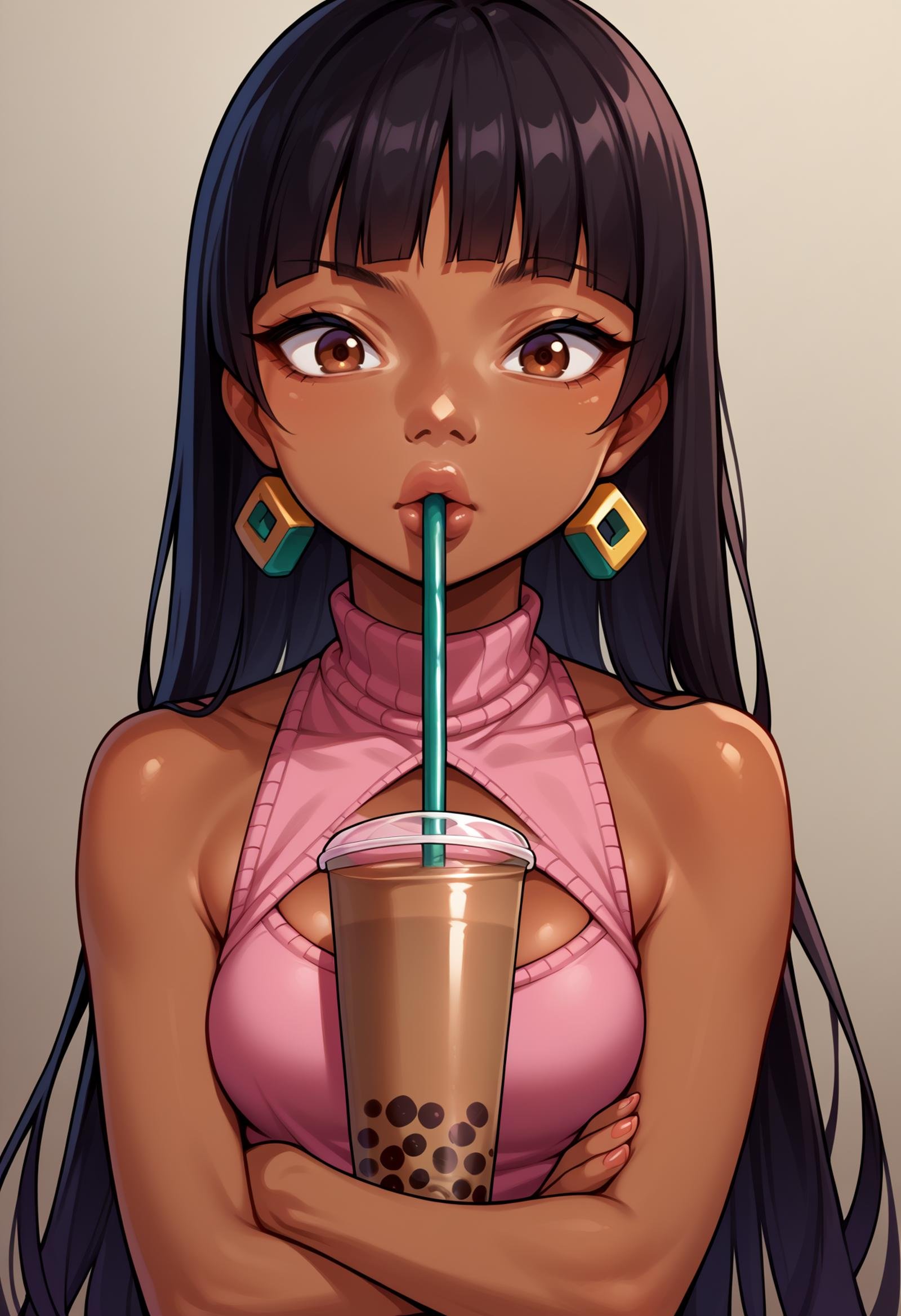 score_9, score_8_up,score_7_up, source_anime, rating_questionable, 1girl,solo, <lora:EPrtedChel-10:1>,  EPrtedChel, long hair, black hair, straight hair, brown eyes, blunt bangs, dark-skinned female, dark skin,very dark skin,   pink sweater dress, cable knit, short dress, sleeveless, bare arms, cleavage cutout, fishnet pantyhose,upper body,bubble tea challenge, drinking straw, crossed arms