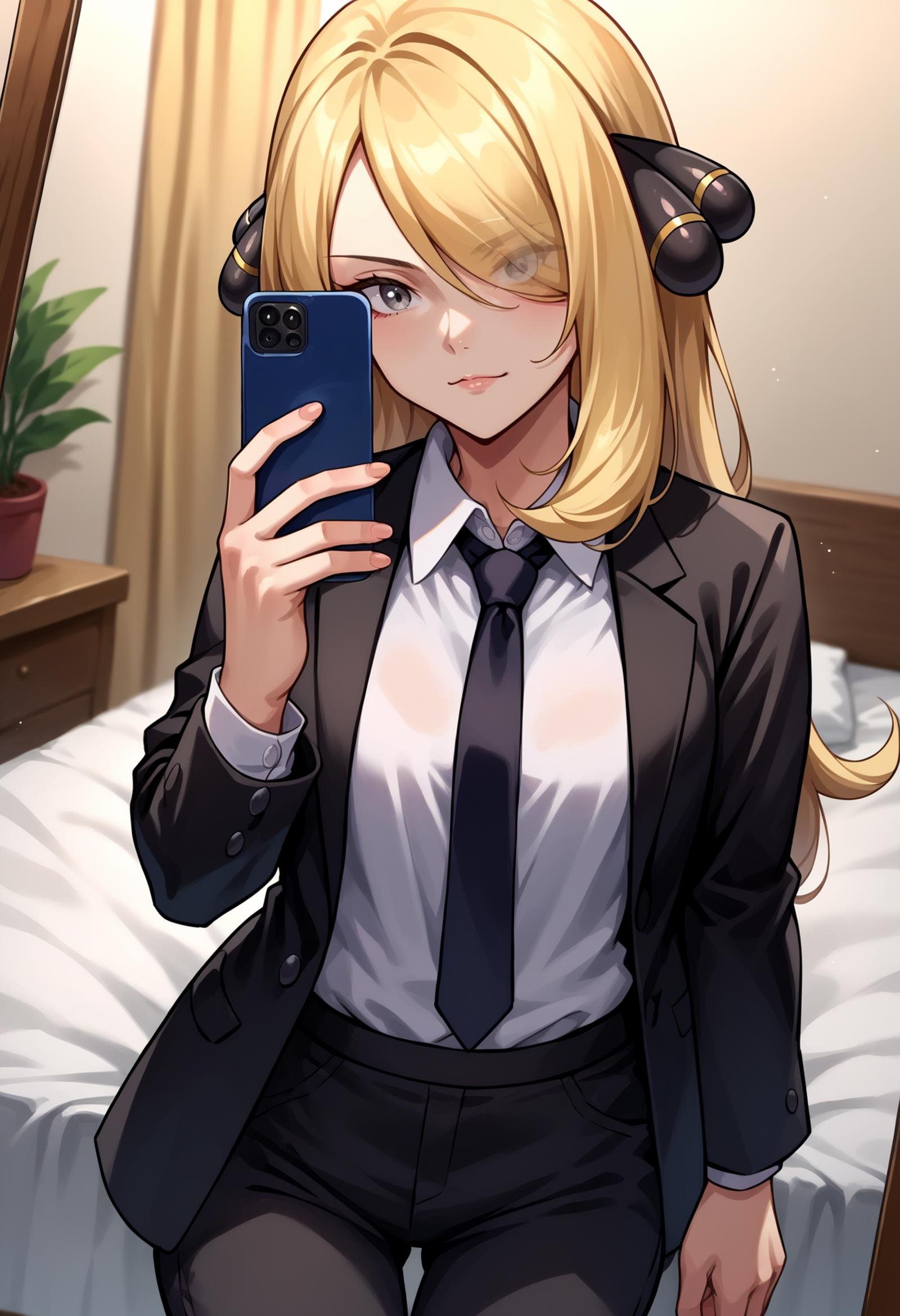 score_9, score_8_up,score_7_up, source_anime, rating_safe, 1girl, solo, <lora:EPpkCynthia:0.8> EPpkCynthia, long hair, blonde hair, hair over one eye, grey eyes,  business suit, black pants, white collared shirt, black suit, black jacket, black necktie, selfie, taking picture, mirror selfie, bedroom, bed, mirror,