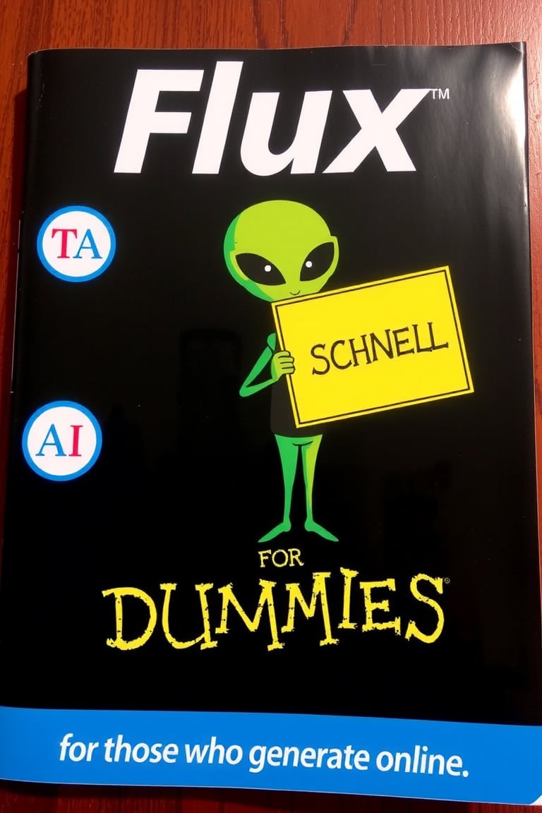 FLUX FOR DUMMIES BOOK COVER,ALIEN WITH A SIGN THAT SAYS "SCHNELL" ,TEXT ON THE BOTTOM THAT SAYS "FOR THOSE WHO GENERATE ONLINE",TA LOGO ON LEFT,AI LOGO ON RIGHT,