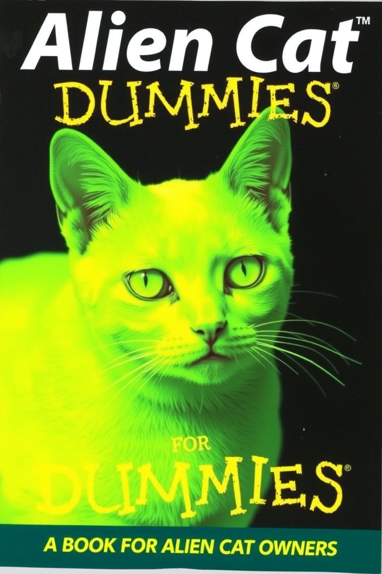 ALIEN CAT FOR DUMMIES BOOK COVER,NEON GREEN ALIEN CAT,TEXT ON THE BOTTOM THAT SAYS "A BOOK FOR ALIEN CAT OWNERS."