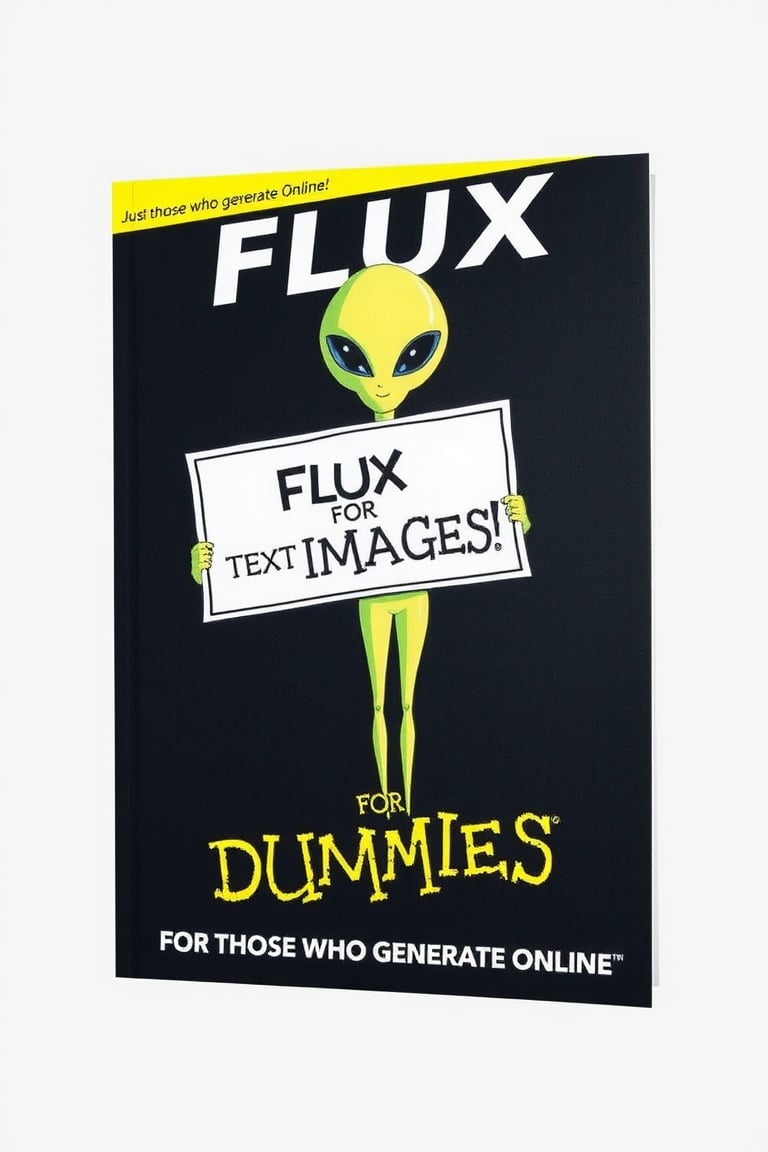 FLUX FOR DUMMIES BOOK COVER,ALIEN WITH A SIGN THAT SAYS "TEXT TO IMAGE" ,TEXT ON THE BOTTOM THAT SAYS "JUST DOWNLOAD IT" "FOR THOSE WHO GENERATE ONLINE",TA LOGO ON LEFT,AI LOGO ON RIGHT,