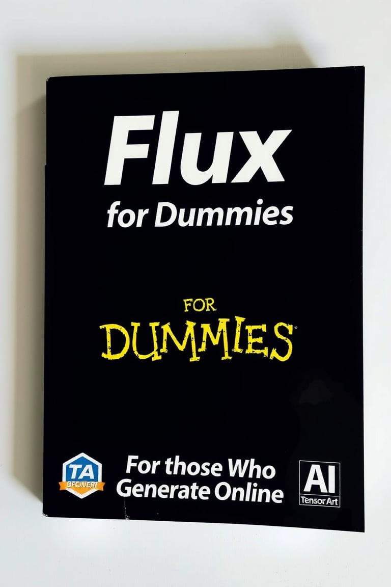 FLUX FOR DUMMIES BOOK COVER, SIGN THAT SAYS "TENSOR ART" ,TEXT ON THE BOTTOM THAT SAYS "FOR THOSE WHO GENERATE ONLINE",TA LOGO ON LEFT,AI LOGO ON RIGHT,BLACK BACKGROUND