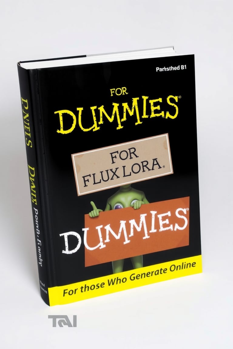 DUMMIES FOR DUMMIES BOOK COVER,ALIEN WITH A SIGN THAT SAYS "FLUX LORA" ,TEXT ON THE BOTTOM THAT SAYS "FOR THOSE WHO GENERATE ONLINE",TA LOGO ON LEFT,AI LOGO ON RIGHT,BLACK BACKGROUND