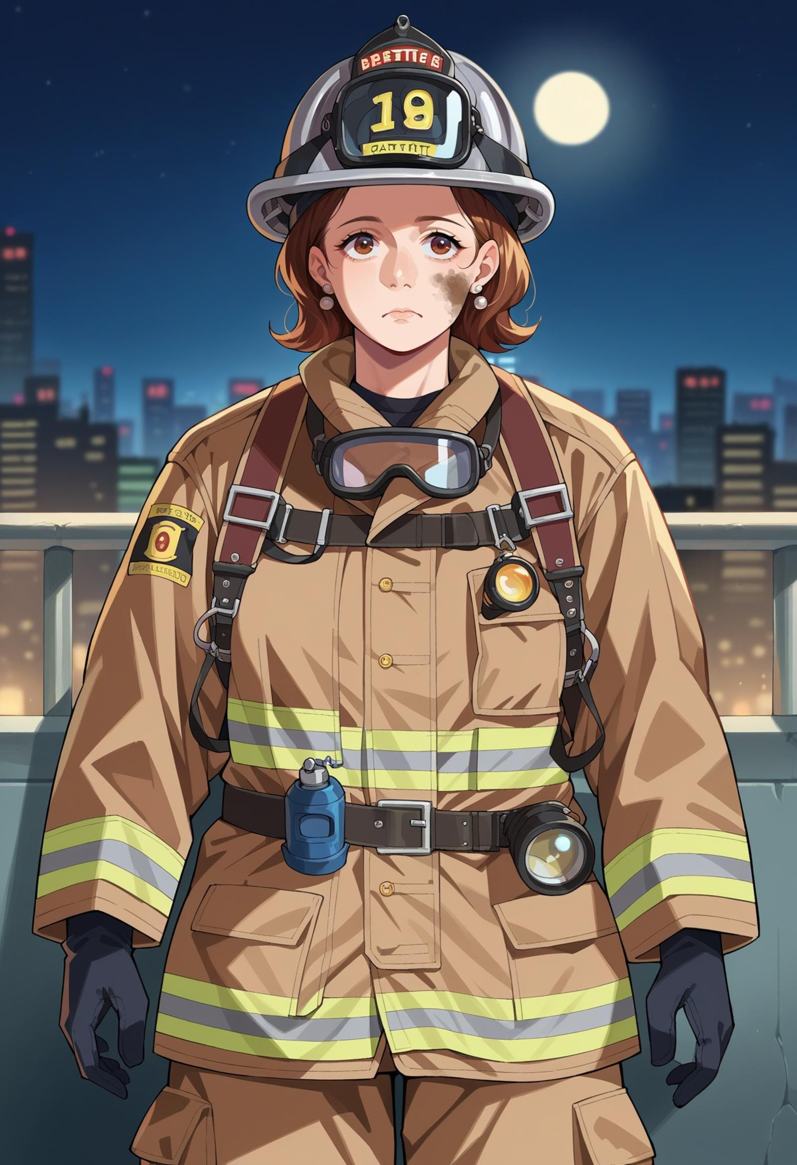 score_9, score_8_up,score_7_up, source_anime,, 1girl,medium hair, brown eyes, medium breasts, earrings, goggles around neck, mature female, sidelocks, EPFireFighter, <lora:EPFireFighterPony:1.0>, wearing EPFireFighter, jacket, brown jacket, pants, brown pants, helmet, grey headwear, harness, oxygen tank, standing, city, skyline, cityscape, night, full moon, blurry, blurry background, exhausted, expressionless, dirty face, dirty clothes, 