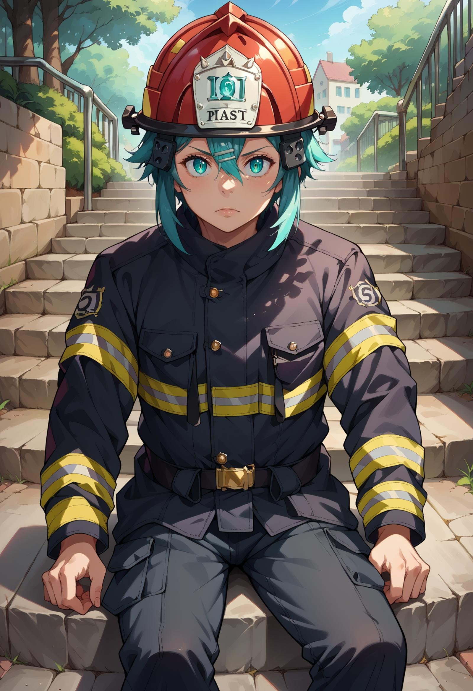 score_9, score_8_up,score_7_up, source_anime, 1girl, <lora:EPsoaSinonPony-04:1.0>, EPsoaSinon, short hair, aqua hair, detailed jewel-like eyes, hair between eyes, hair ornament, hairclip, sidelocks, EPFireFighter, <lora:EPFireFighterPony:1.0>, wearing EPFireFighter, jacket, black jacket, pants, black pants, helmet, red headwear, sitting, stairs, outdoors, 