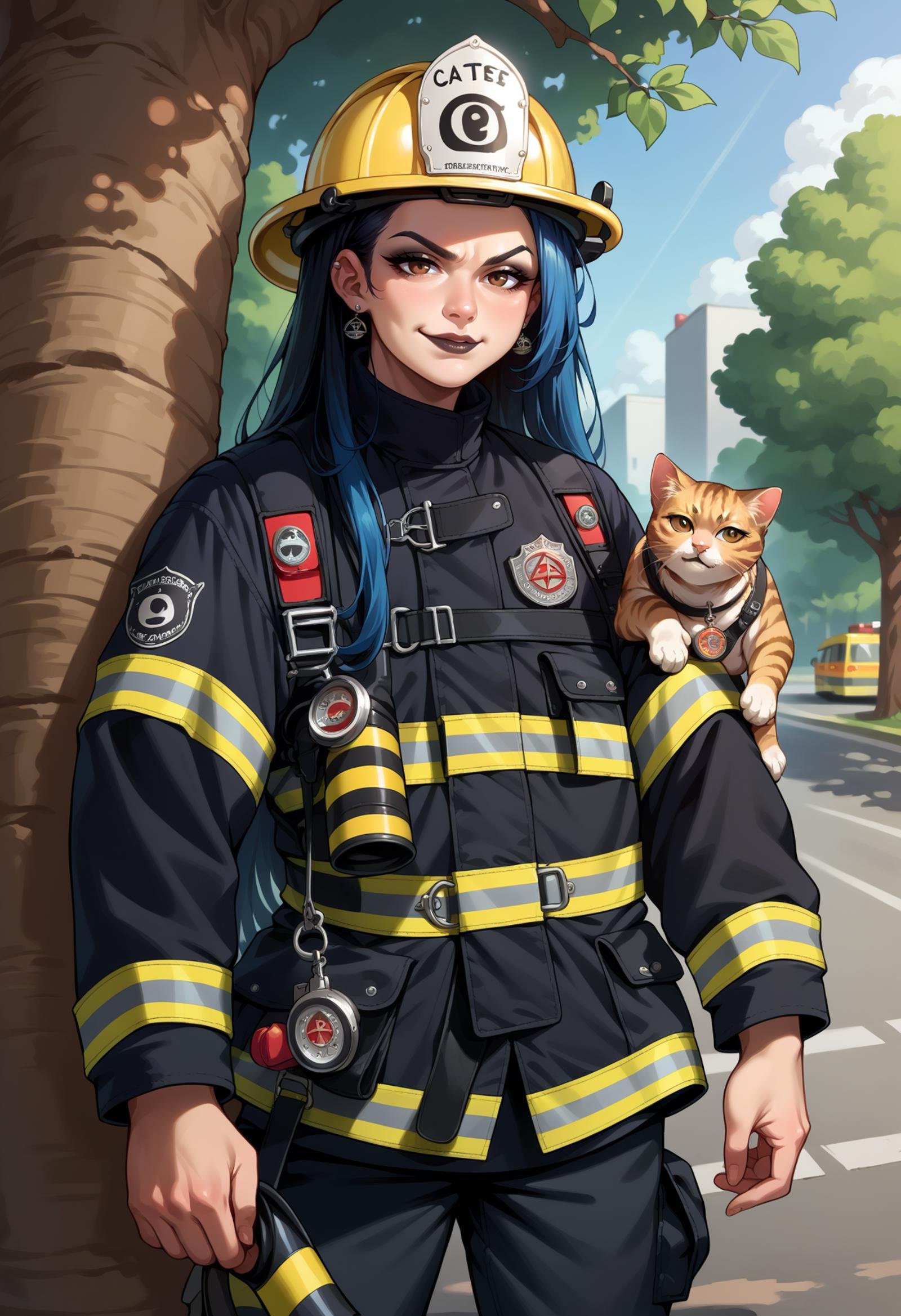 score_9, score_8_up,score_7_up, source_anime, 1girl, black hair, blue hair, very long hair, brown eyes, smirk, black eyeliner, black lips, black makeup, emo girl, pentagram earrings,  facing viewer, medium, EPFireFighter, <lora:EPFireFighterPony_epoch_10:1.0>, wearing EPFireFighter, jacket, black jacket, pants, black pants, harness, looking at viewer, walkie-talkie, helmet, yellow headwear, street, tree, ladder against tree, holding a cat, cat