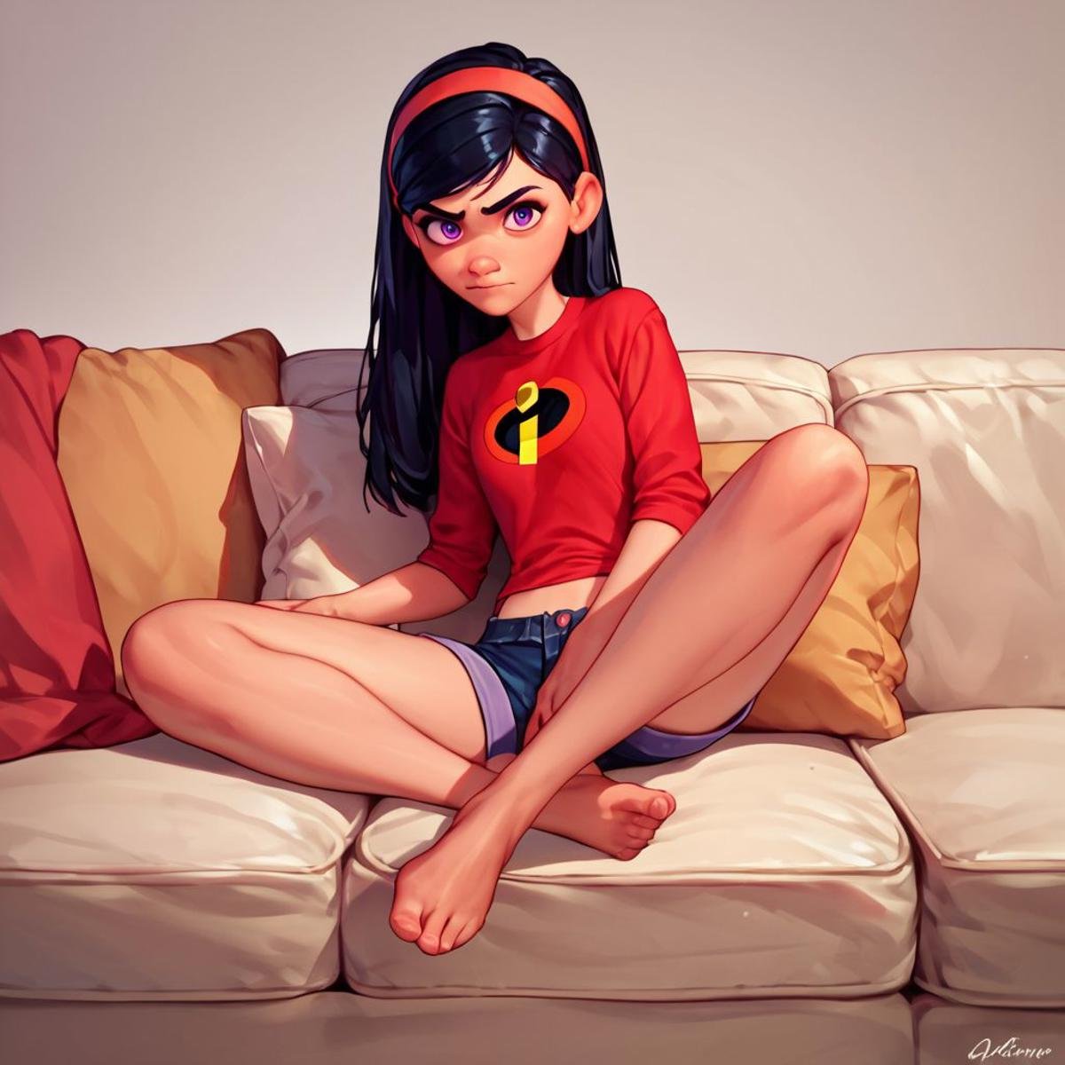 score_9, score_8_up, score_7_up, score_6_up, score_5_up, score_4_up, rating_questionable, 1girl, violet, on a couch, purple eyes, barefoot, short shorts, long black hair, headband