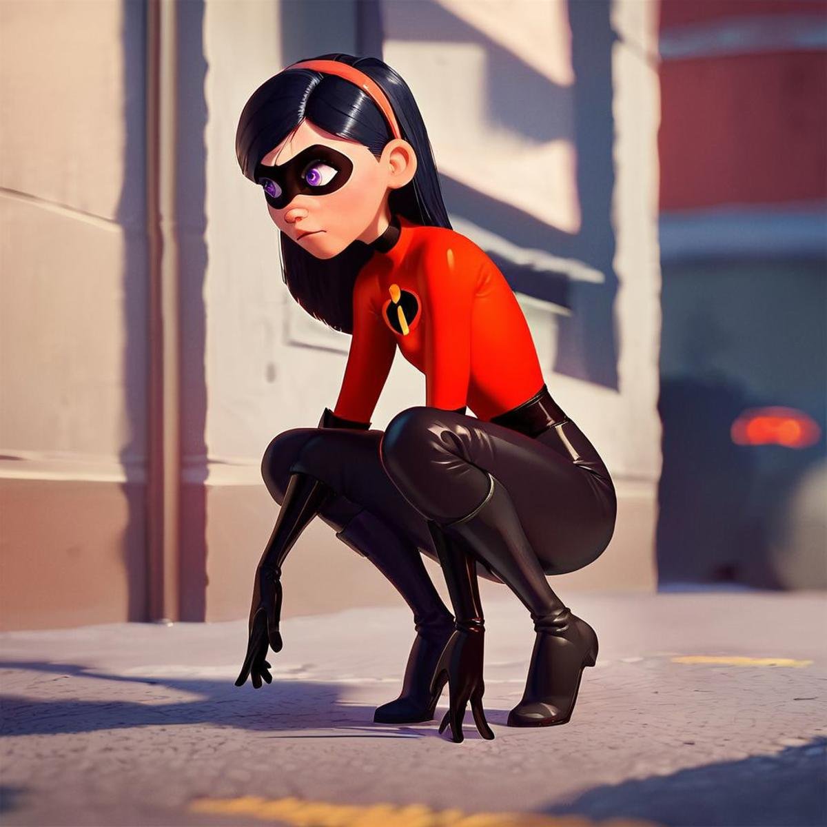 score_9, score_8_up, score_7_up, score_6_up, score_5_up, score_4_up, rating_questionable, 1girl, violet, jumpsuit, boots, gloves, purple eyes, long black hair, headband, in a street, crouching 