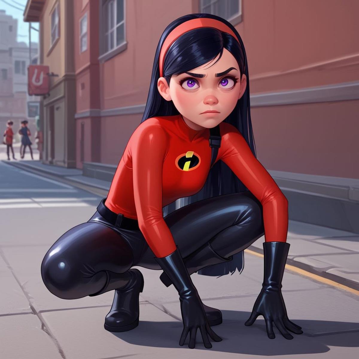 score_9, score_8_up, score_7_up, score_6_up, score_5_up, score_4_up, rating_questionable, 1girl, violet, jumpsuit, boots, gloves, purple eyes, long black hair, headband, in a street, crouching 