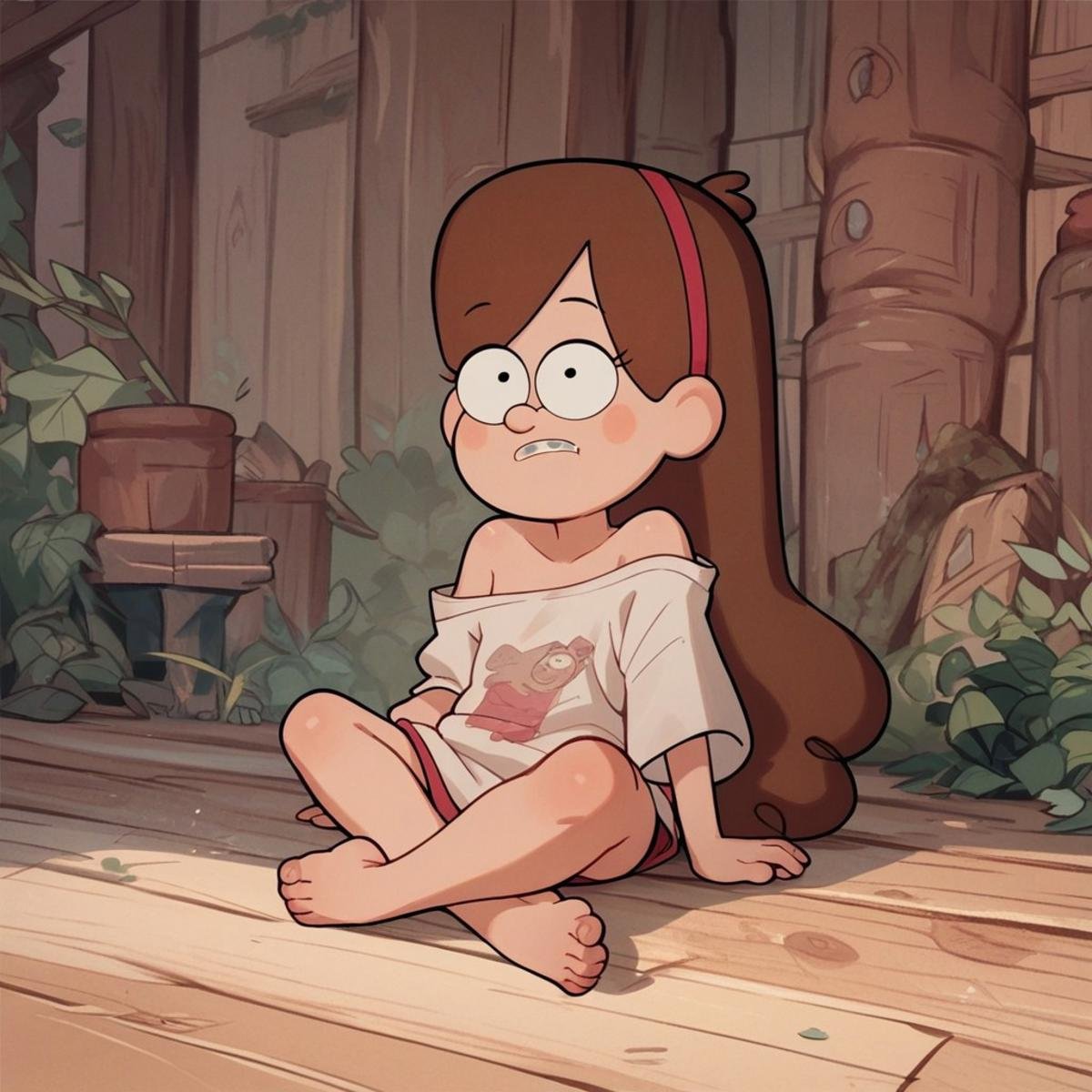 score_9, score_8_up, score_7_up, score_6_up, score_5_up, score_4_up, Mabel, sitting on a wood floor, loose shirt, exposed shoulder, barefoot