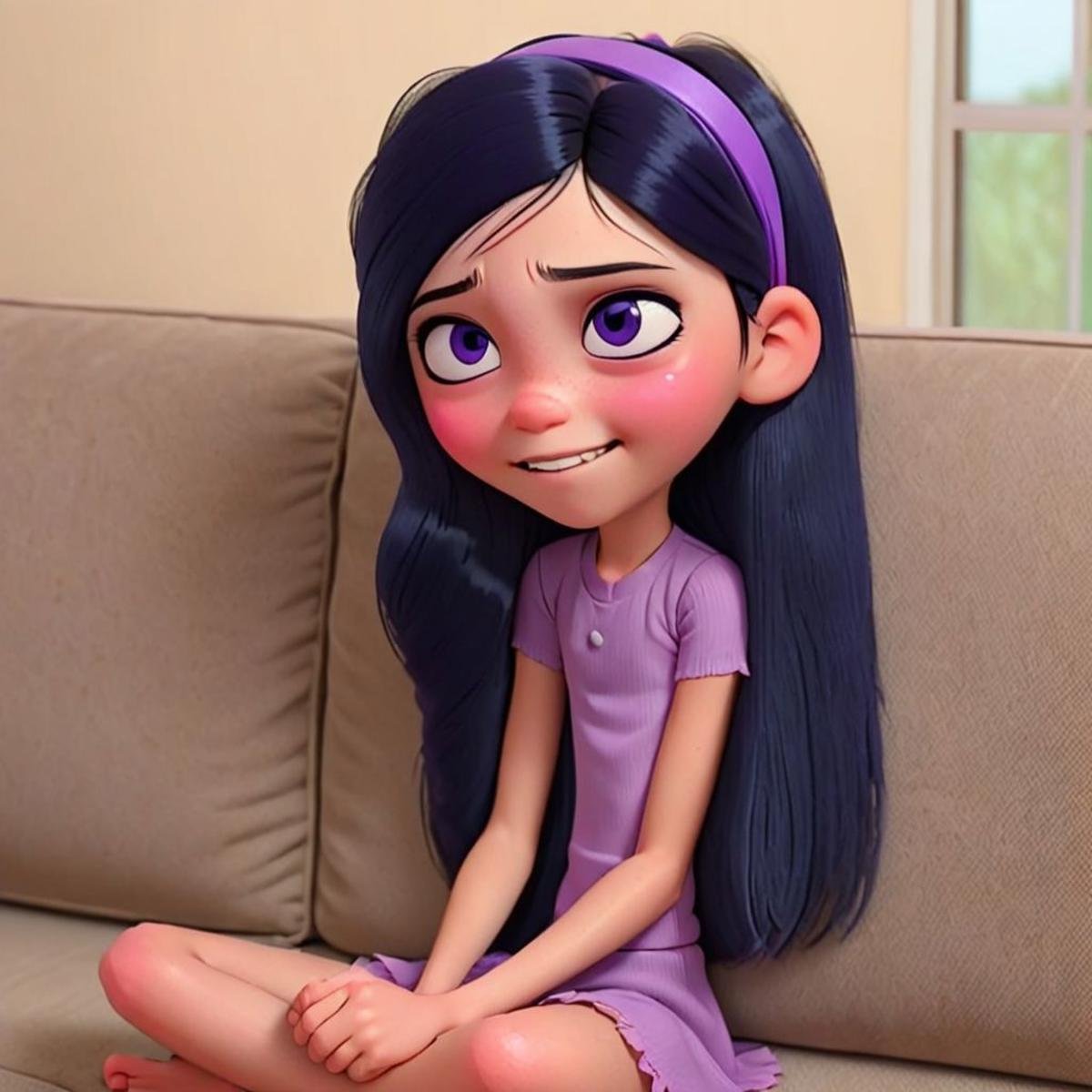 1girl, violet, headband, long black hair, hair covering one eye, headband, sitting on a couch, barefoot, purple eyes, small smile, blushing 