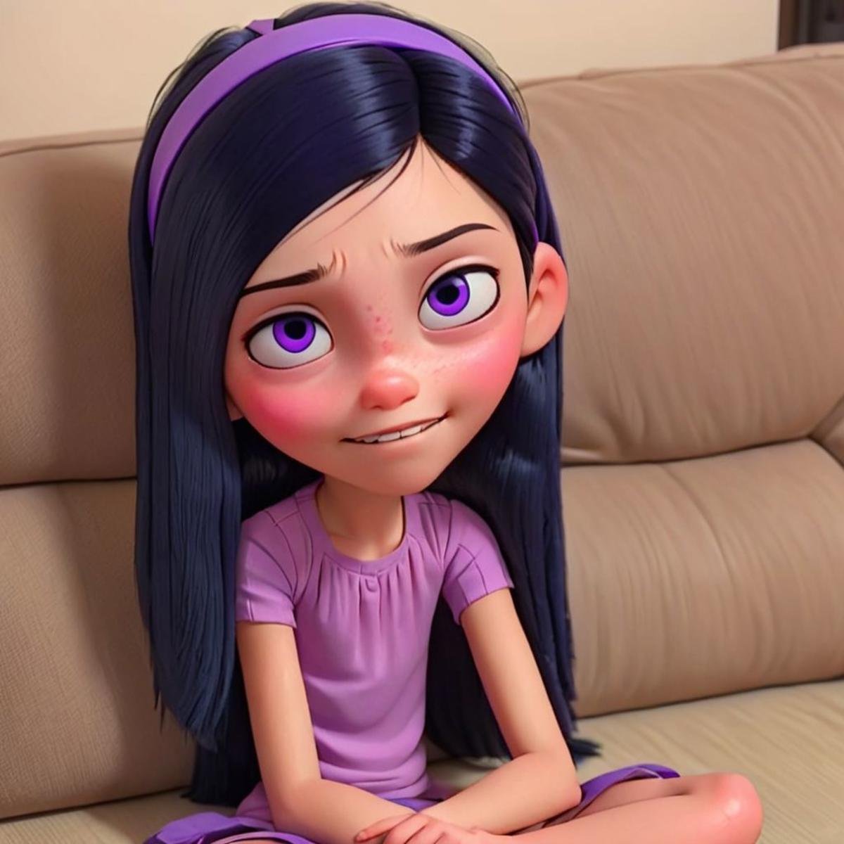 1girl, violet, headband, long black hair, hair covering one eye, headband, sitting on a couch, barefoot, purple eyes, small smile 