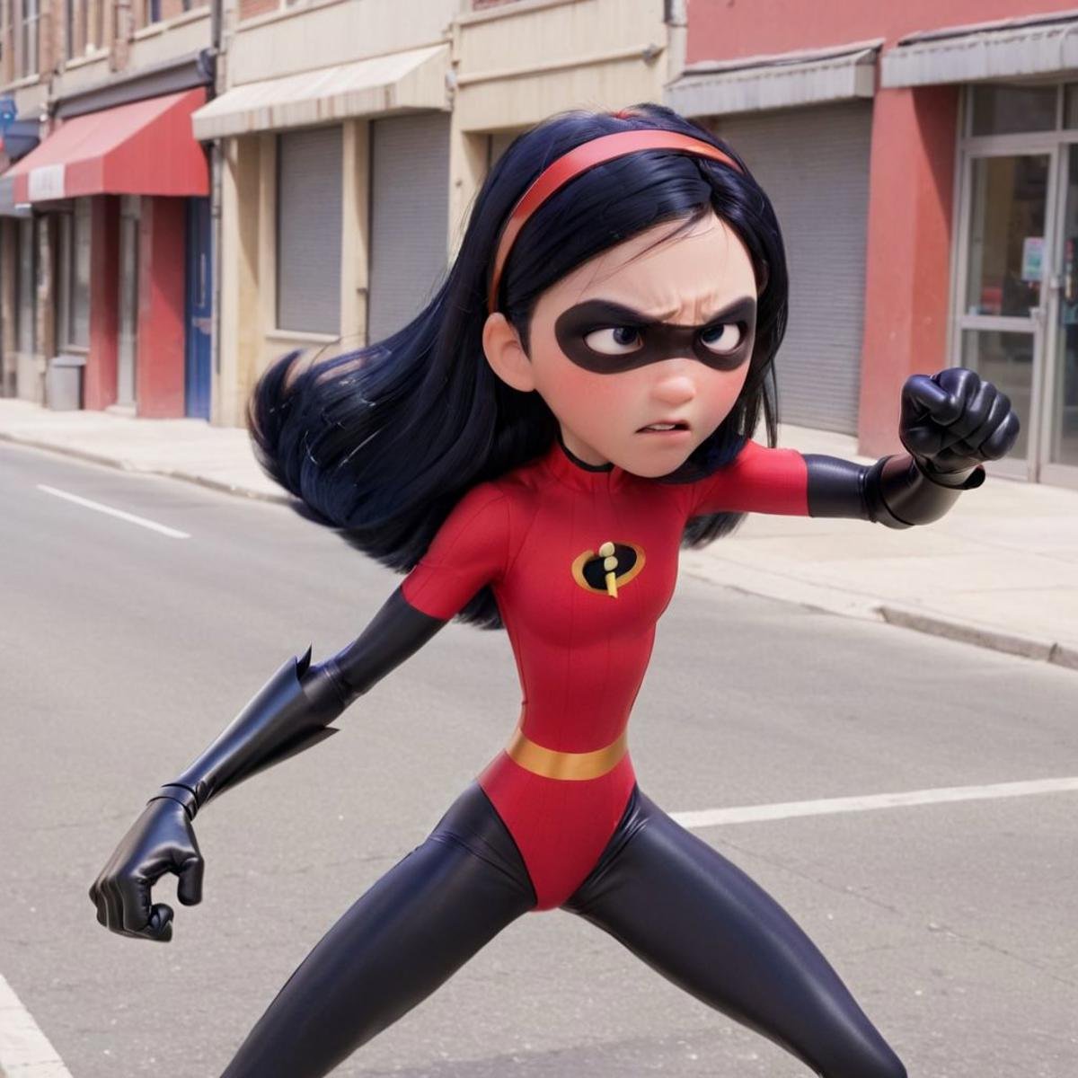 1girl, violet, headband, long black hair, hair covering one eye, bodysuit, superhero, in the street, fighting stance, long black hair, gloves