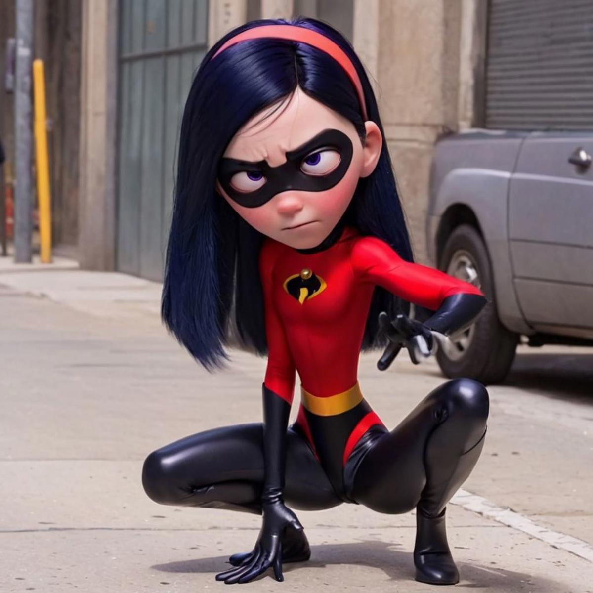 1girl, violet, headband, long black hair, hair covering one eye, bodysuit, superhero, in the street, crouching, long black hair, gloves