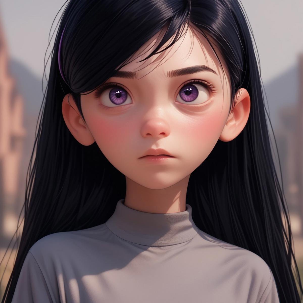 score_9, score_8_up, score_7_up, score_6_up, score_5_up, score_4_up, 1girl, VioletP, long black hair, violet eyes , portrait, grey shirt