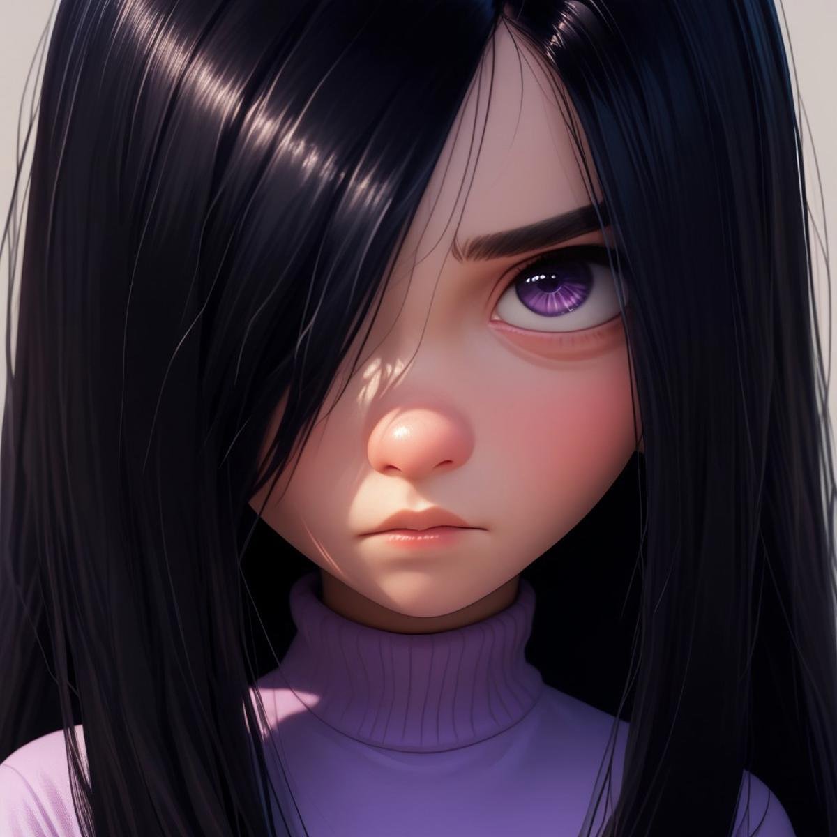 score_9, score_8_up, score_7_up, score_6_up, score_5_up, score_4_up, 1girl, VioletP, long black hair, violet eyes, hair covering one eye, portrait, 