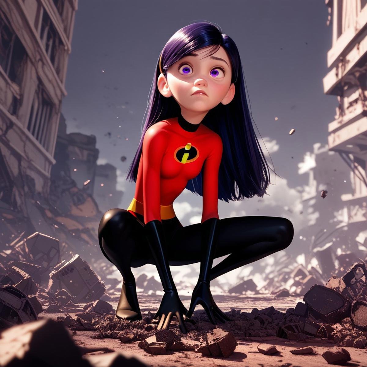 score_9, score_8_up, score_7_up, score_6_up, score_5_up, score_4_up, 1girl, VioletP, long hair, violet eyes , superhero, skinny, crouching, rubble