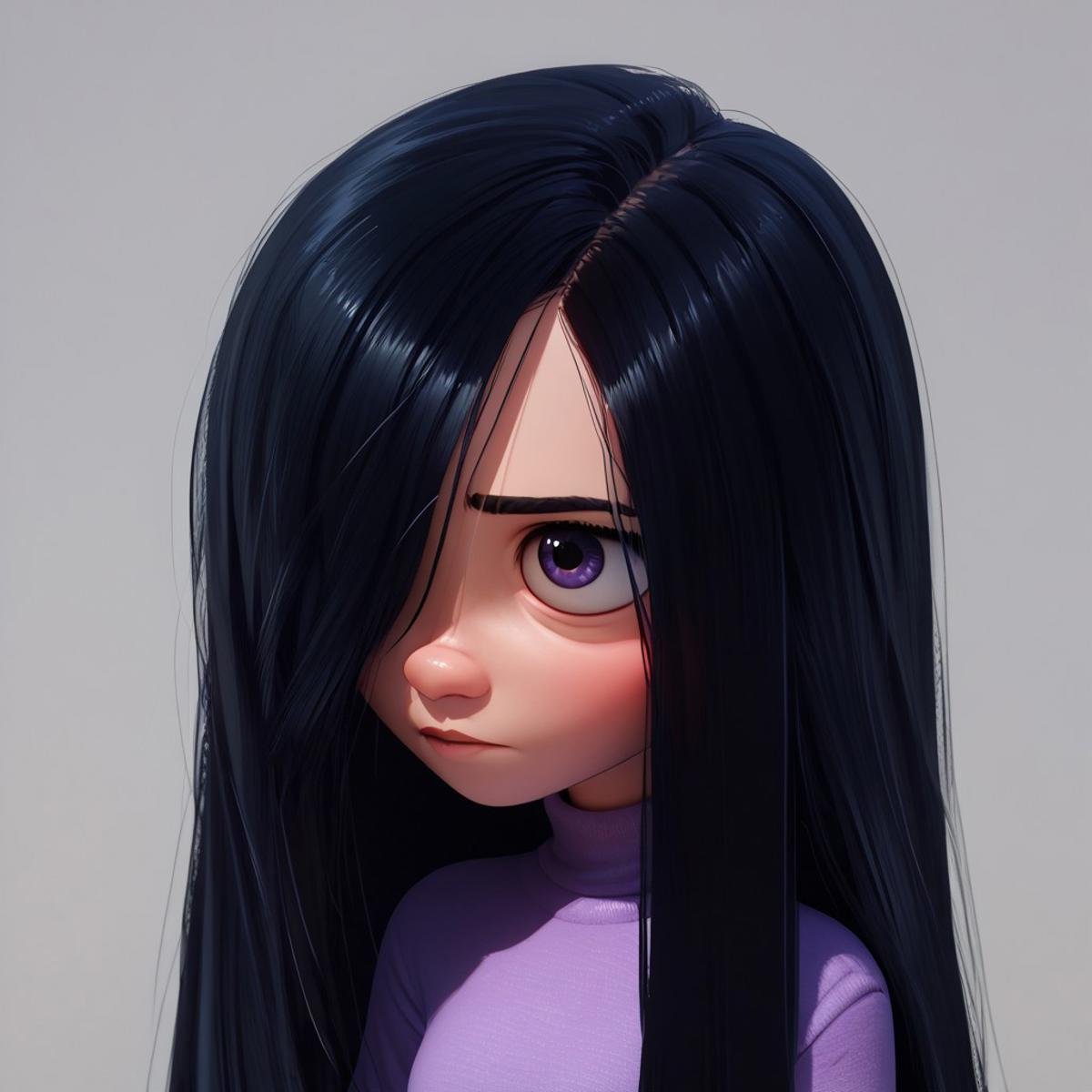 score_9, score_8_up, score_7_up, score_6_up, score_5_up, score_4_up, 1girl, VioletP, long black hair, violet eyes, hair covering one eye, portrait, 