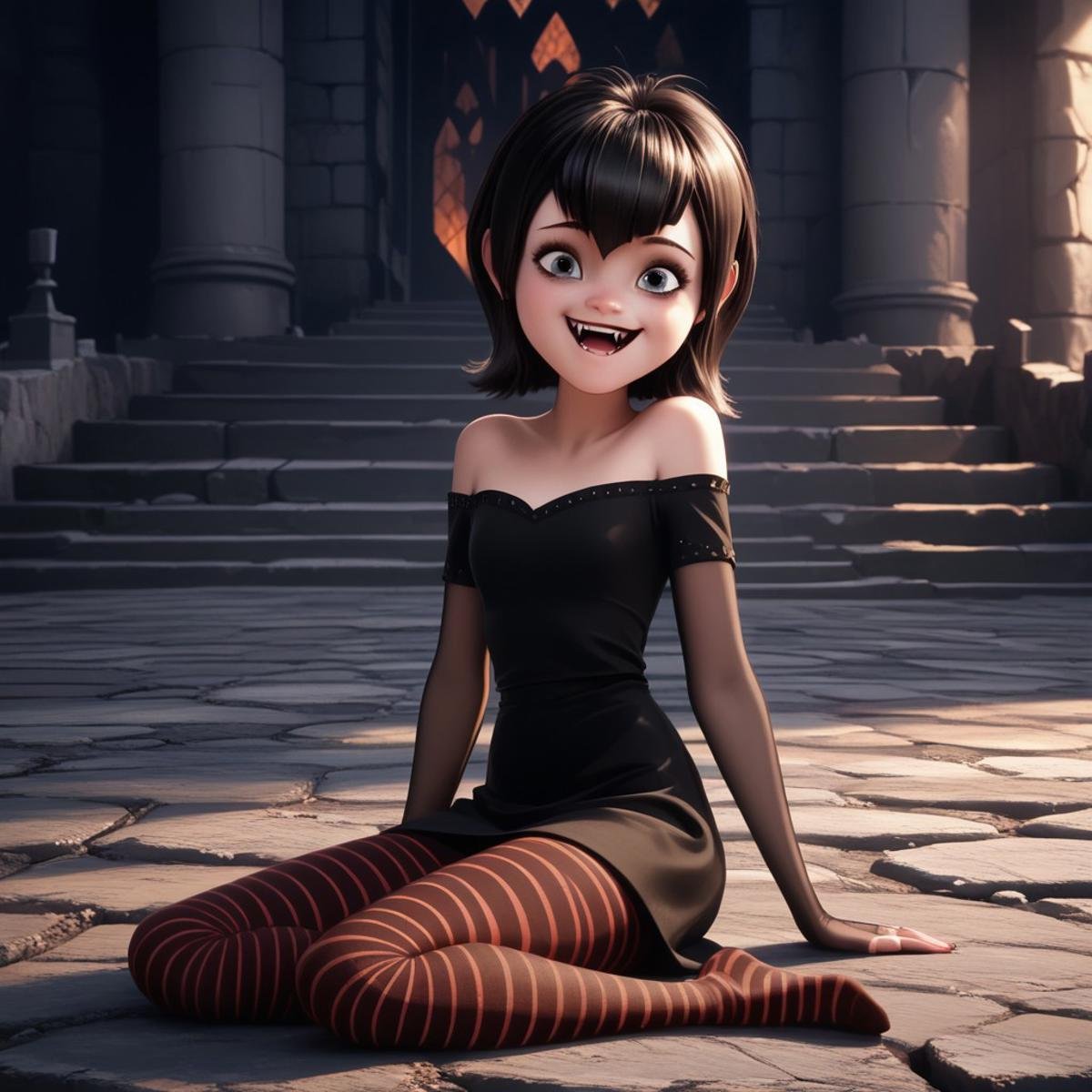 score_9, score_8, score_7, score_6, rating_questionable, Ma_visVamp, pantyhose, 1girl, sitting on a stone floor, in a castle, sexy pose, happy, tiny fangs, shoulders exposed