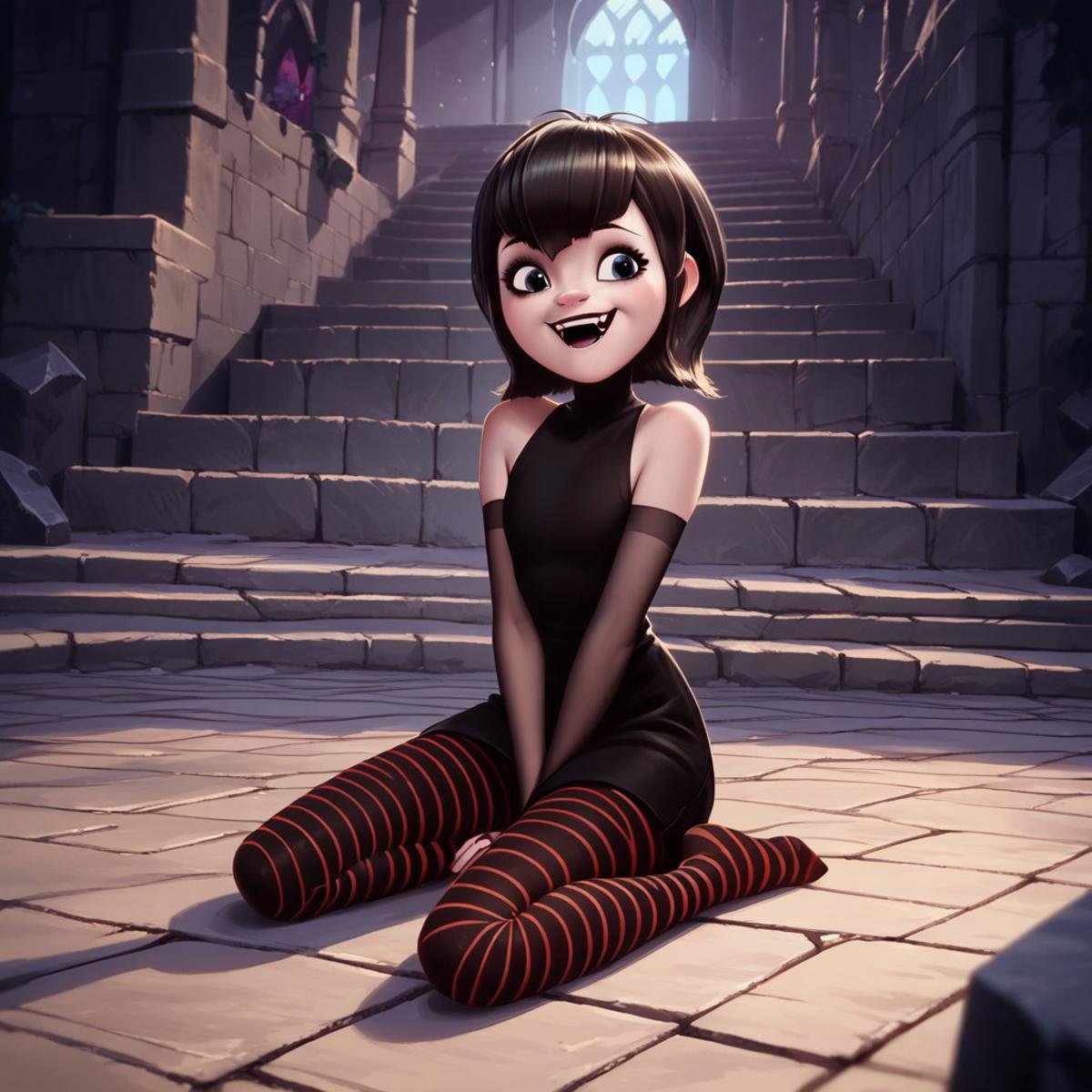 score_9, score_8, score_7, score_6, rating_questionable, Ma_visVamp, pantyhose, 1girl, sitting on a stone floor, in a castle, sexy pose, happy, tiny fangs, shoulders exposed