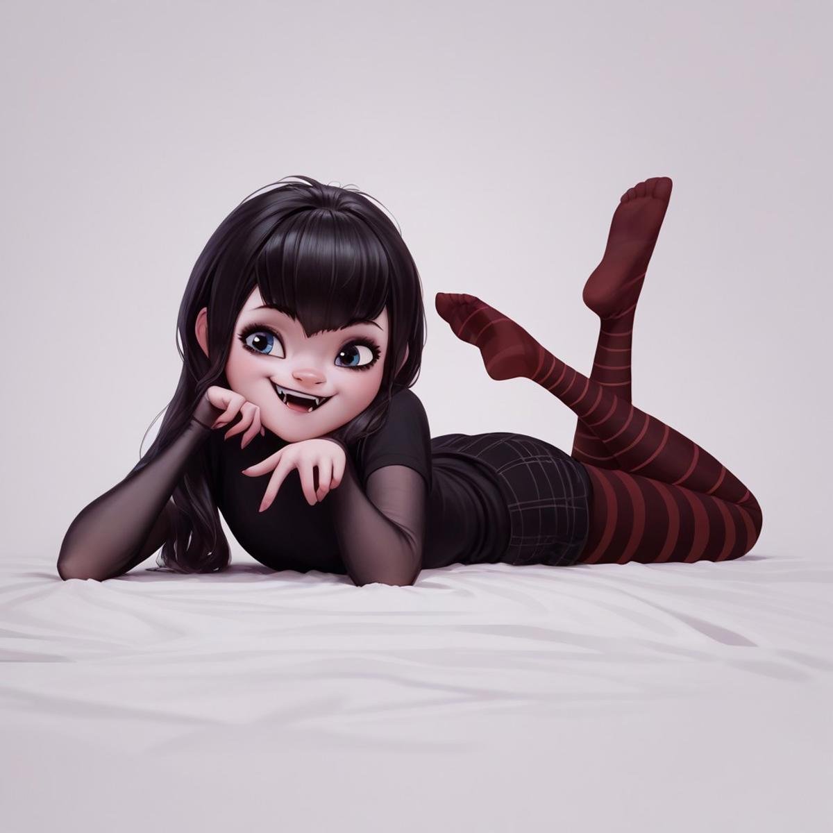 score_9, score_8, score_7, score_6, rating_questionable, Ma_visVamp, pantyhose, 1girl, laying on stomach , sexy pose, happy, tiny fangs, sexy pose, barefoot 