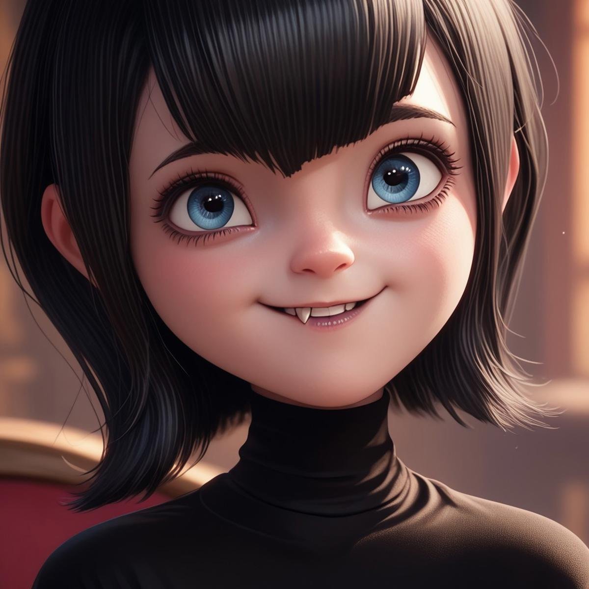 score_9, score_8, score_7, score_6, rating_questionable, Ma_visVamp, pantyhose, 1girl, portrait, black hair, cute smile, tiny fangs