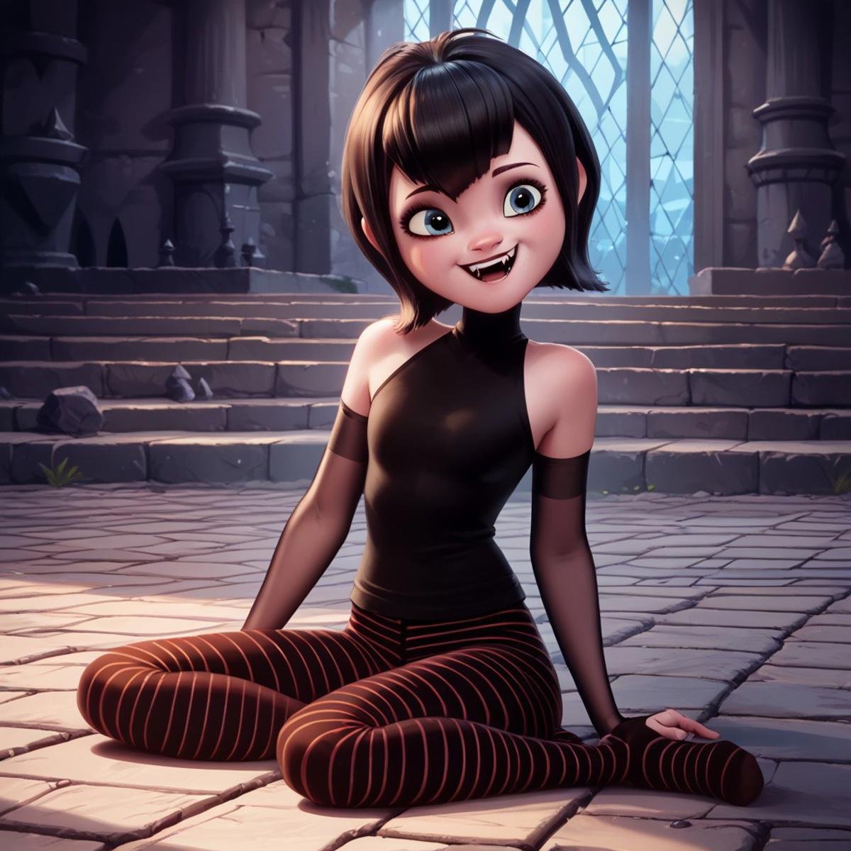 score_9, score_8, score_7, score_6, rating_questionable, Ma_visVamp, pantyhose, 1girl, sitting on a stone floor, in a castle, sexy pose, happy, tiny fangs, shoulders exposed