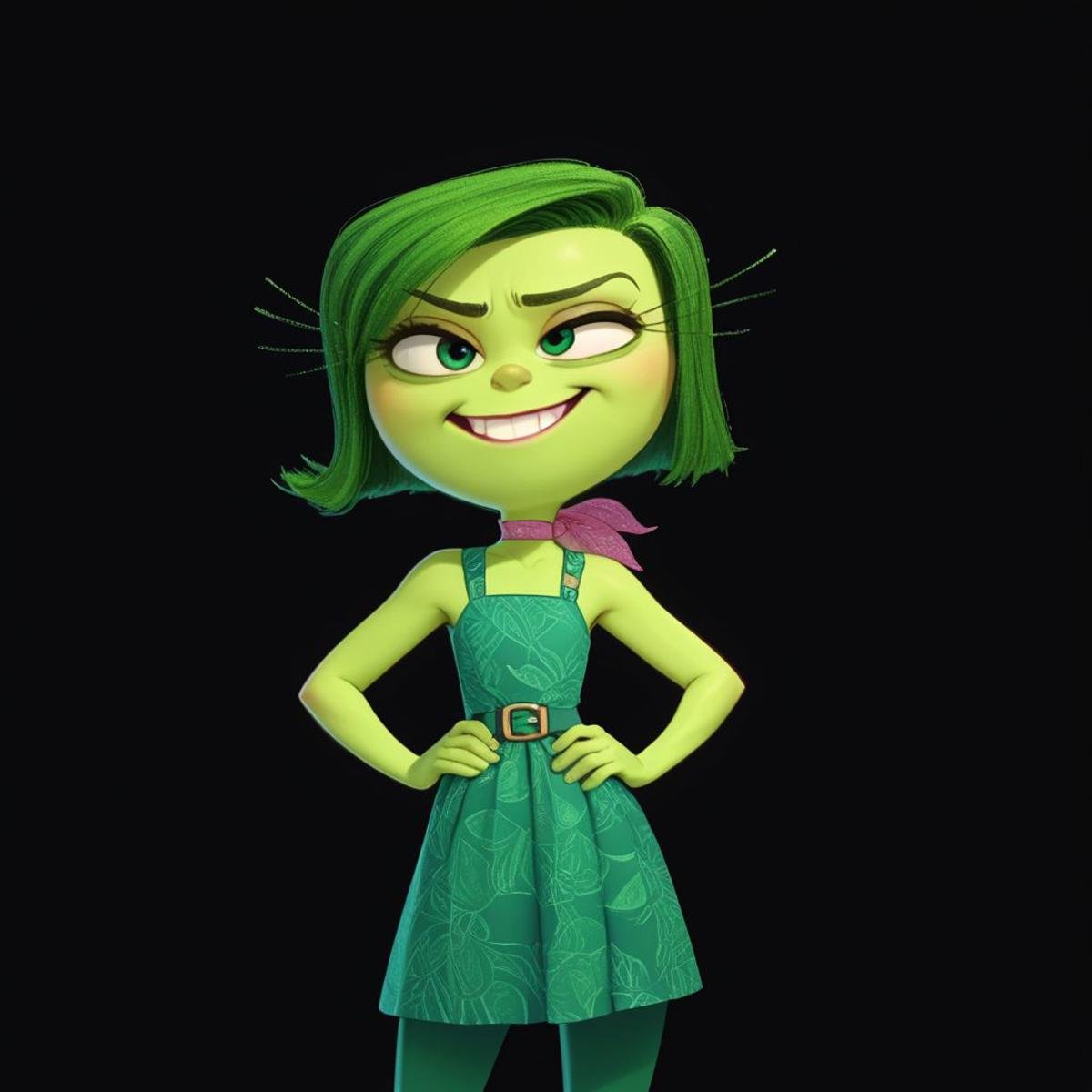 score_9, score_8_up, score_7_up, score_6_up, score_5_up, score_4_up, rating_safe, DisgustEmotion, glowing, 1girl, green skin, green hair, hands on hips, black background, small smile