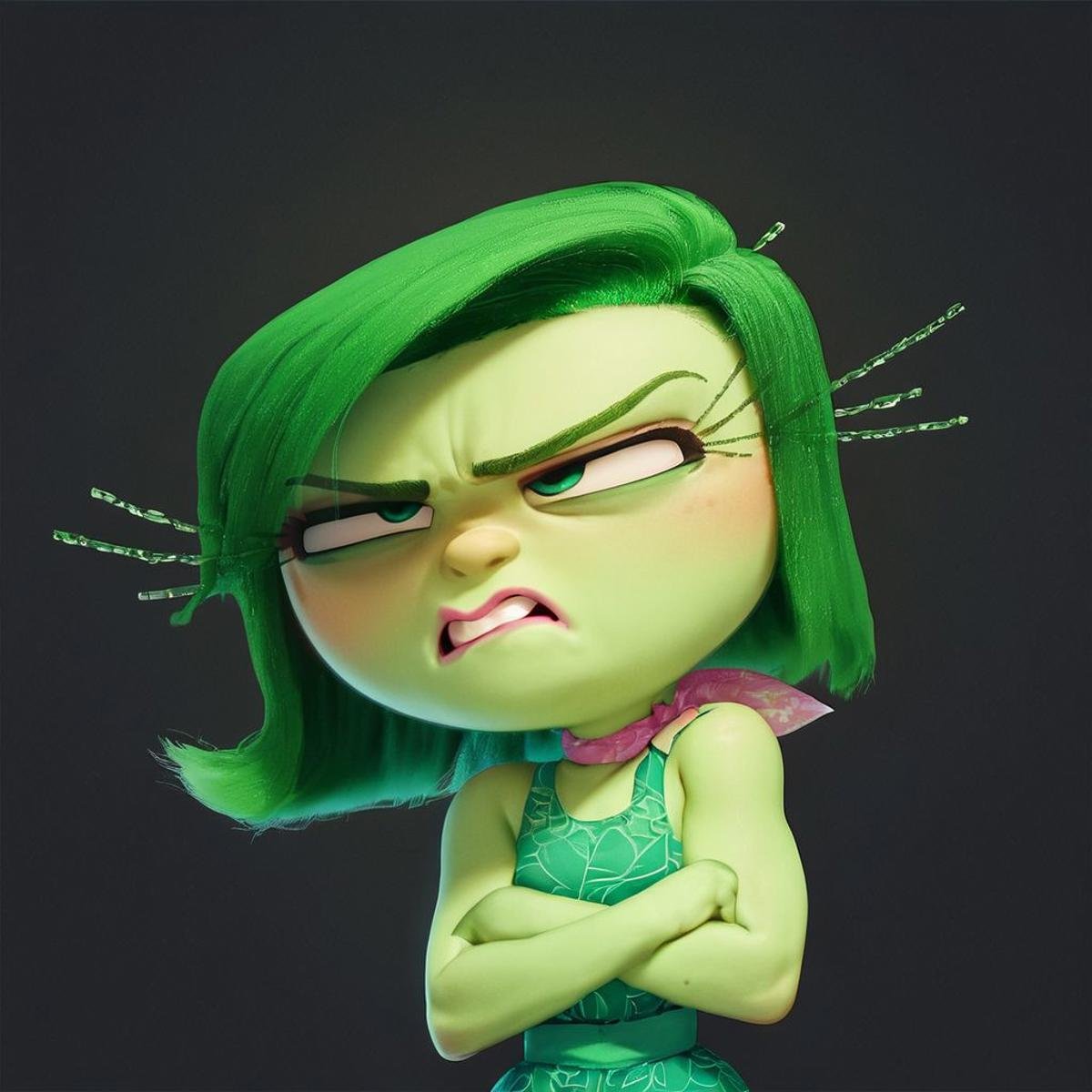 score_9, score_8_up, score_7_up, score_6_up, score_5_up, score_4_up, rating_explicit, DisgustEmotion, glowing, 1girl, green skin, green hair, arms crossed, black background,